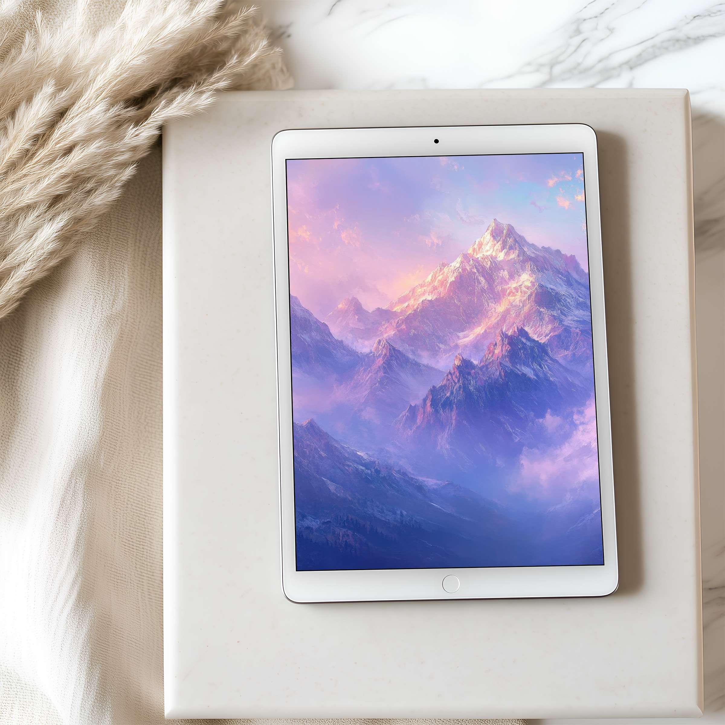 Elegant tablet wallpaper depicting serene, high-resolution mountainscape in tranquil hues, perfect digital download for iPad or Android tablets