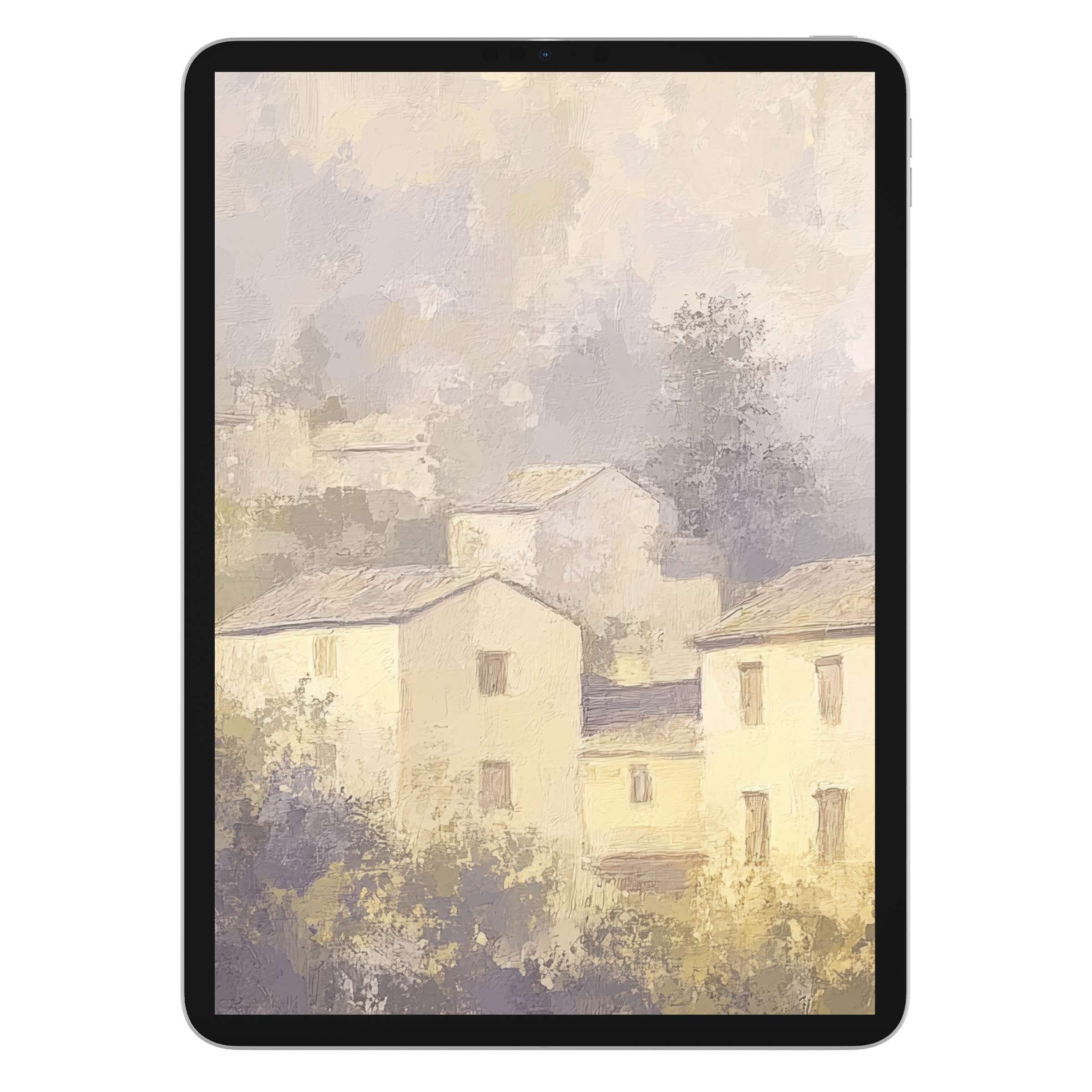 Vintage iPad wallpaper with serene watercolor cottages, ideal digital download background for elegant tablet aesthetics and calm allure