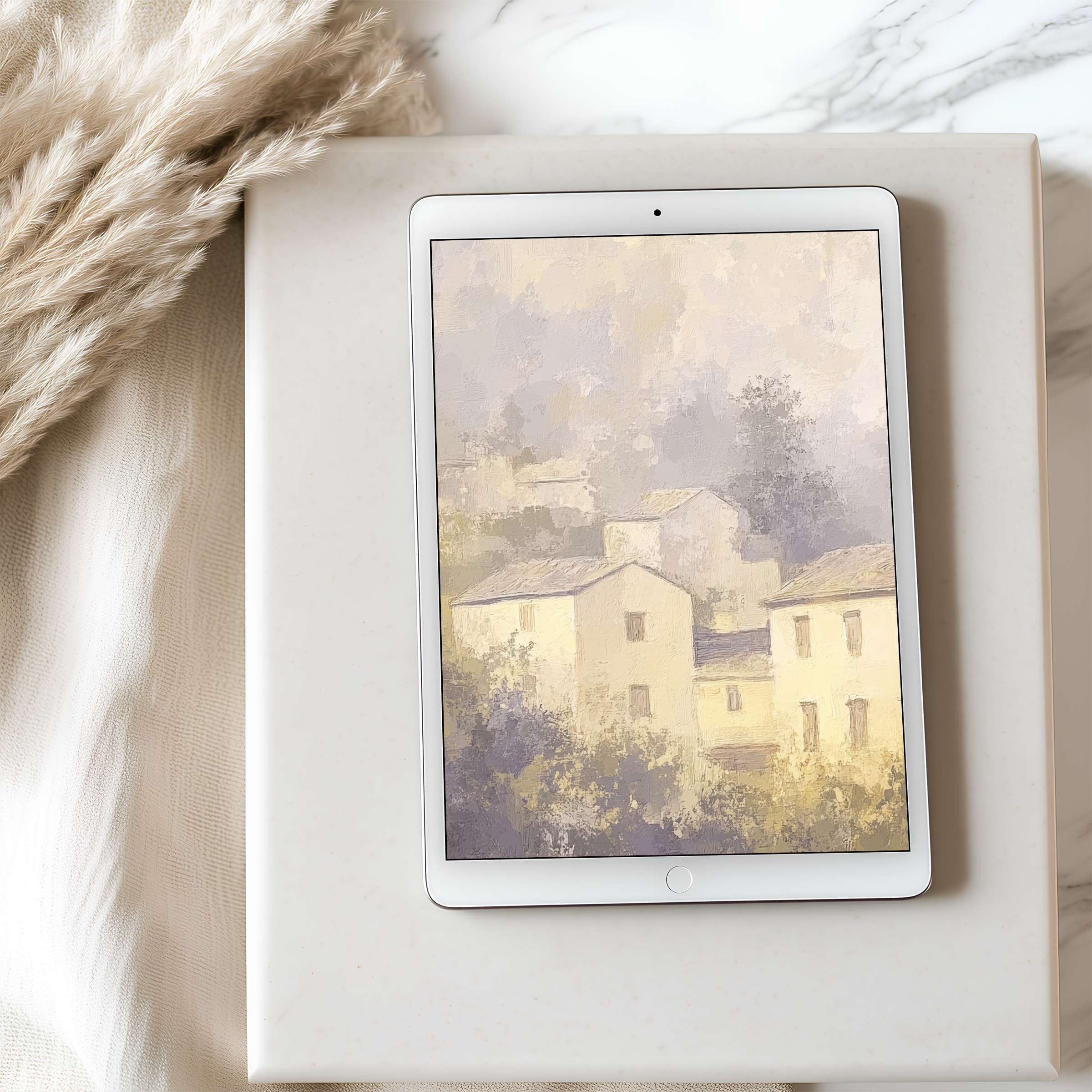 Elegant pastel houses on tablet wallpaper create a serene oasis for iPad and Android, enhancing any modern interior with a calm vibe