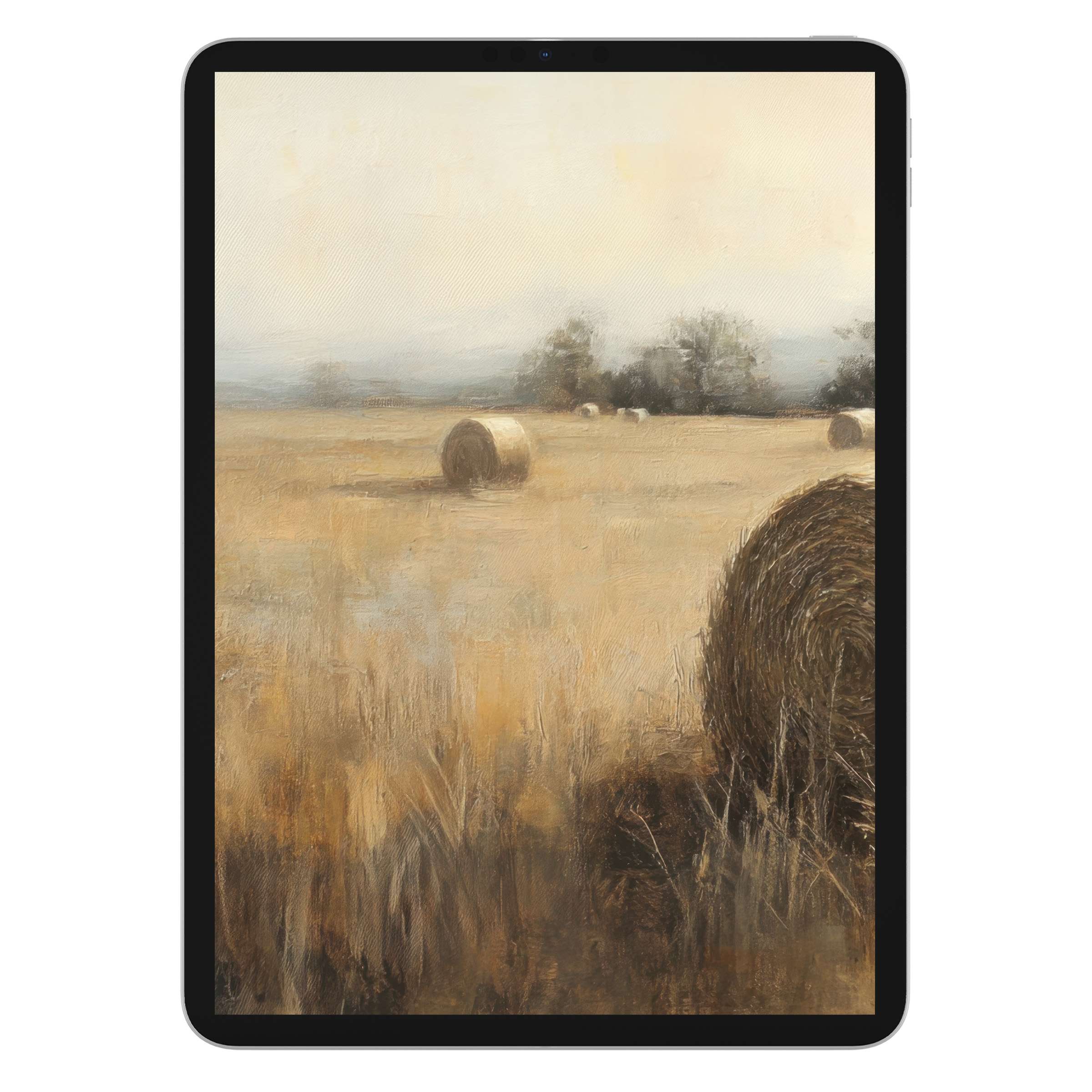 Warm, vintage iPad wallpaper featuring serene hayfield painting evokes nostalgia, perfect digital download for tablet background tranquility