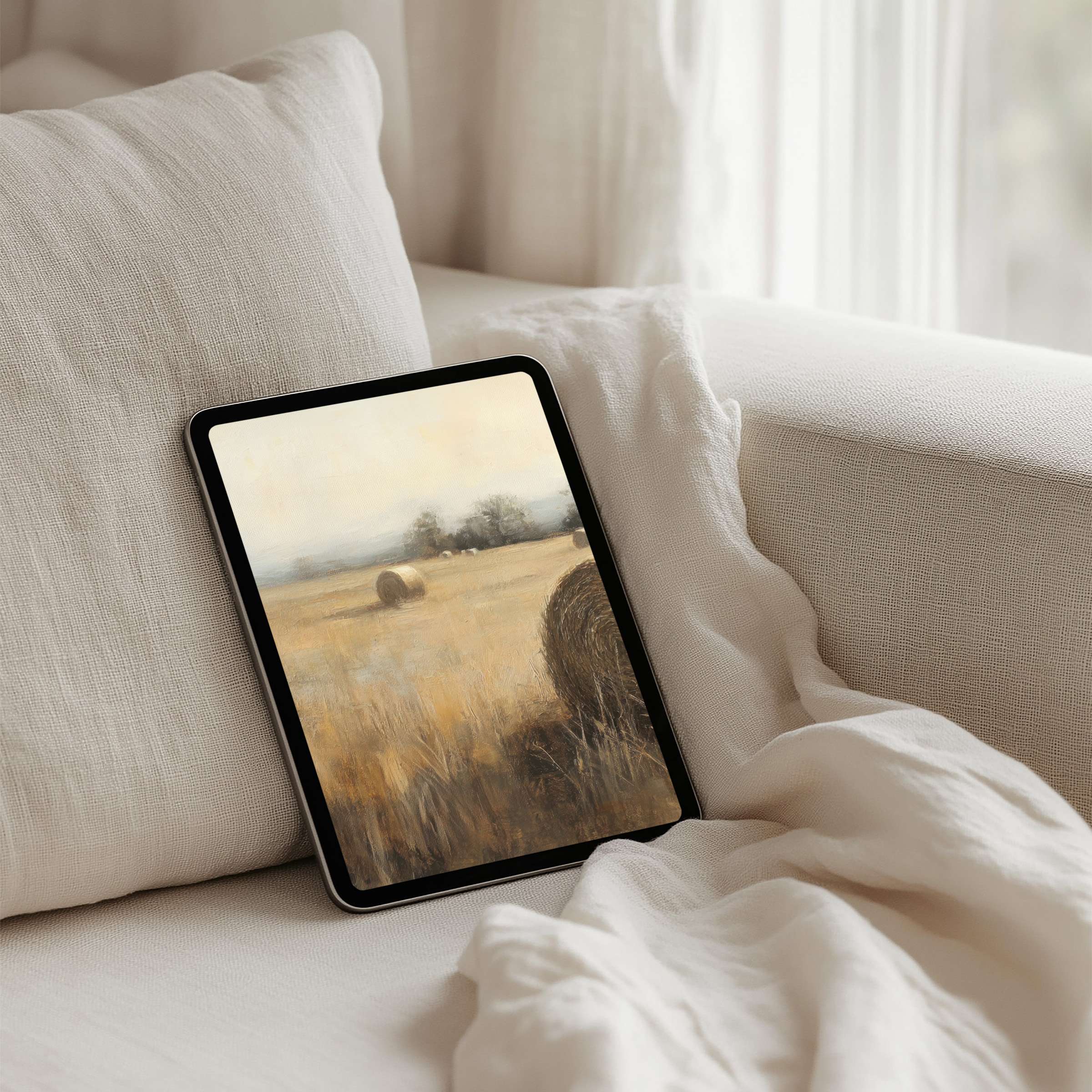 Tranquil wheat field iPad background for tablet use offers instant download, blending elegance and calm in soft earthy tones