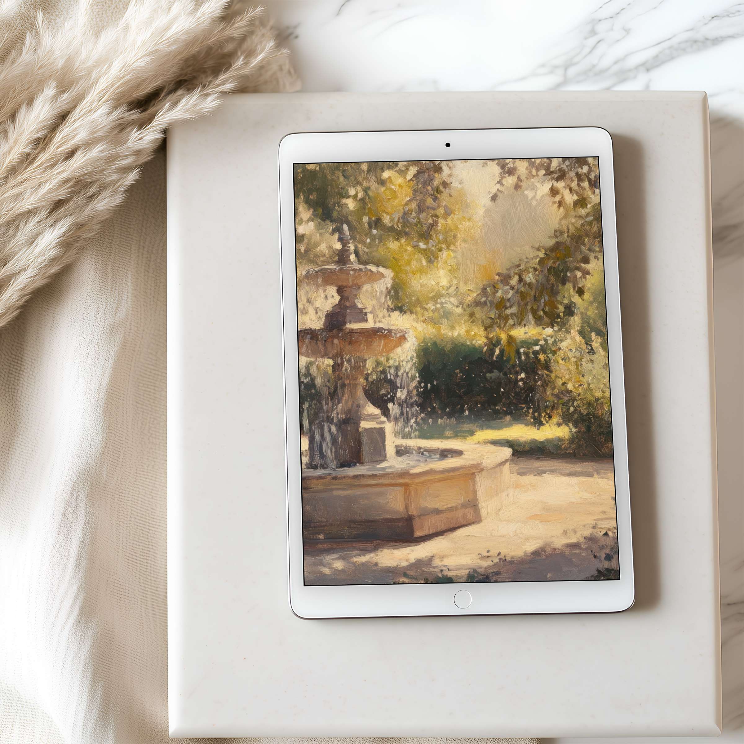 Serene garden fountain tablet wallpaper in warm earth tones, perfect high resolution digital download for iPad and Android tablets