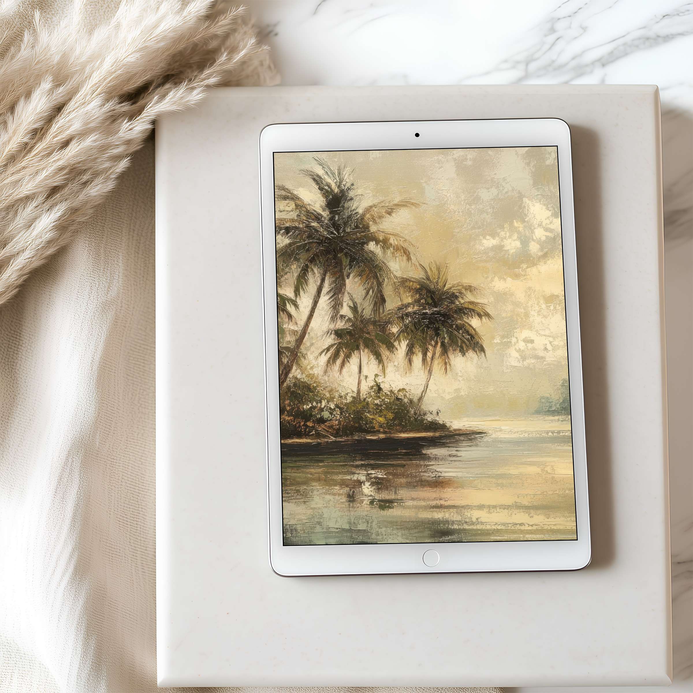 Tropical landscape tablet wallpaper in soft beige and brown tones offers a curated, calming digital download for iPad and Android tablets