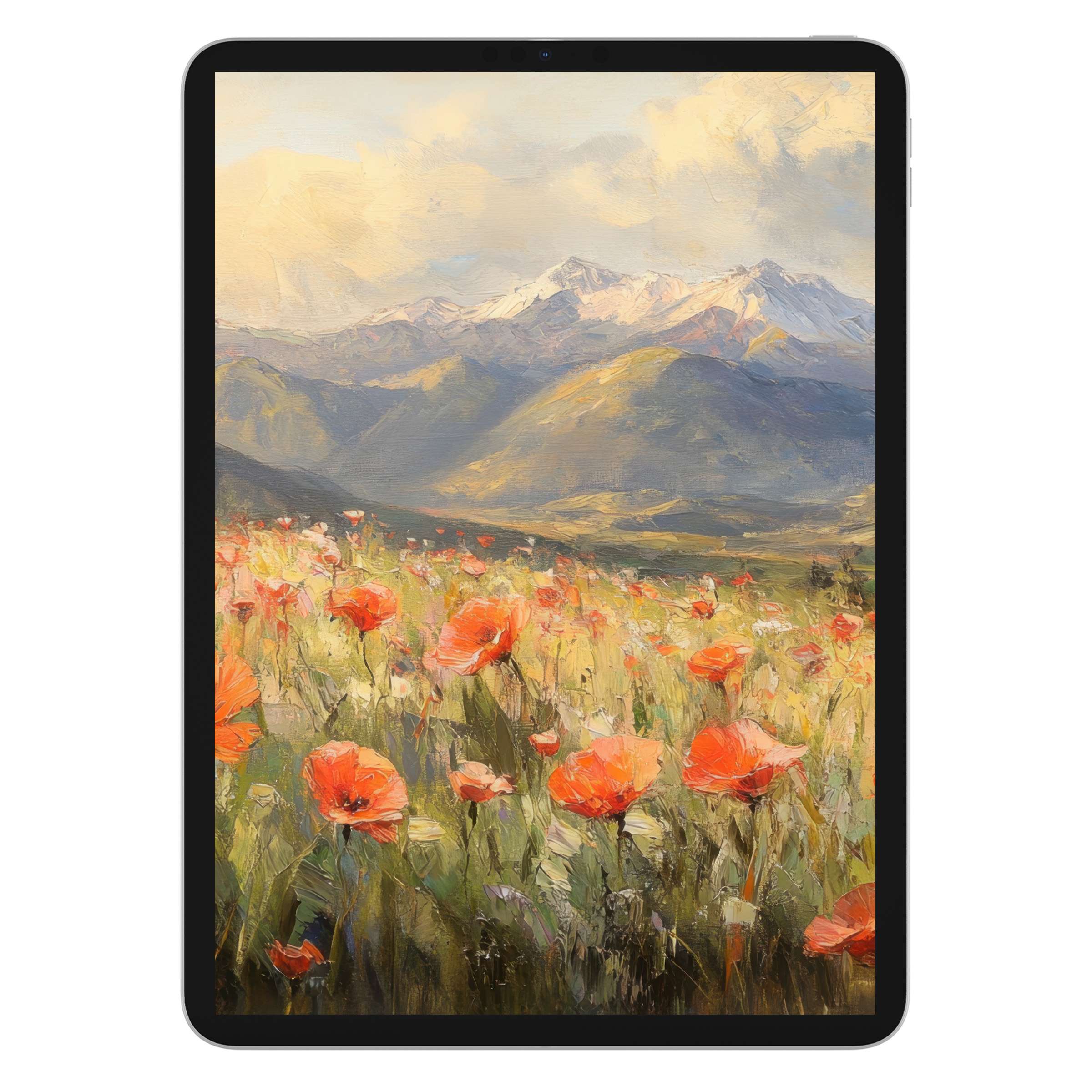 Vintage iPad wallpaper with serene mountain landscape and vibrant poppies ideal for tablet background digital download 靘