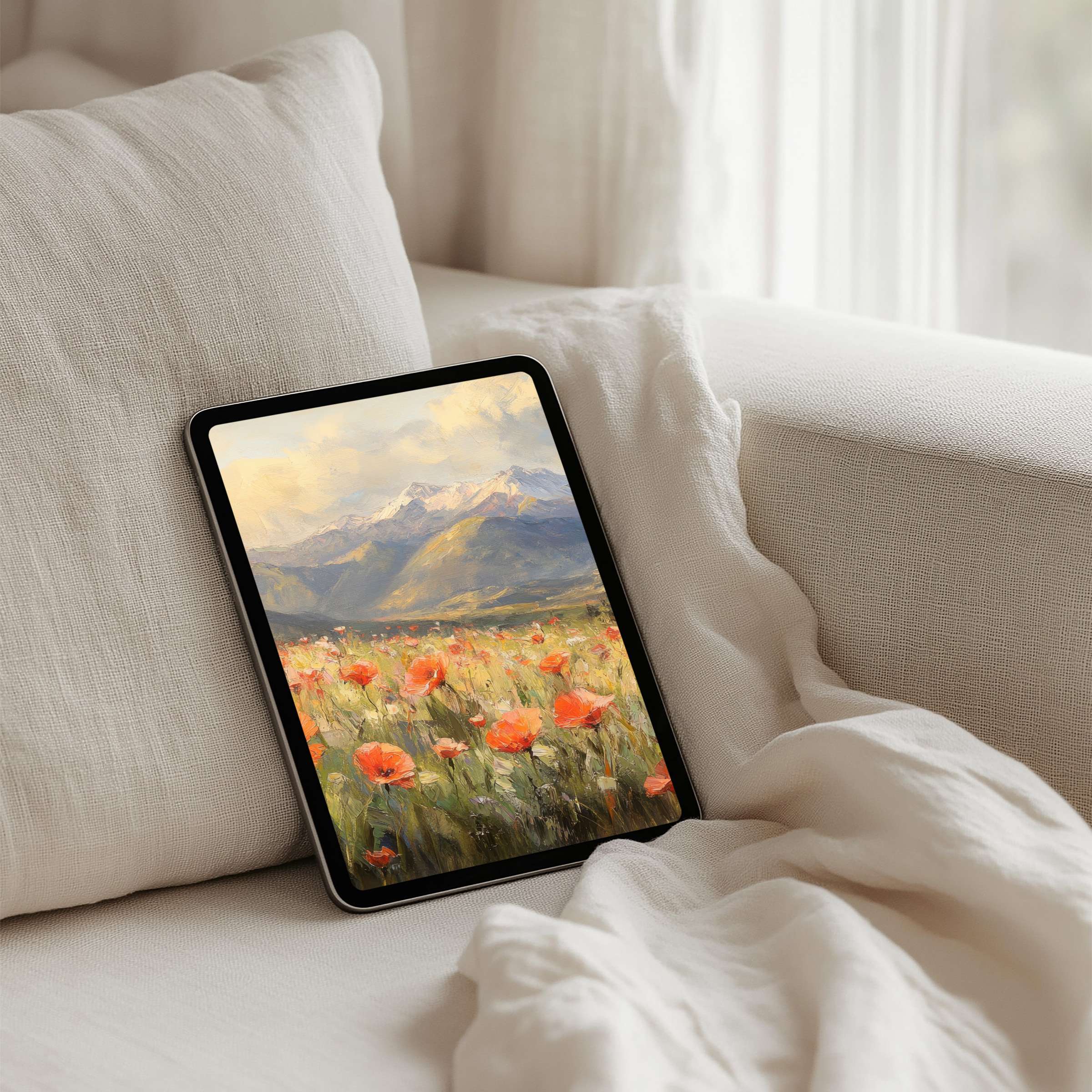 Tranquil iPad background with vibrant poppy field and mountains for instant download fits any tablet inspiring mindfulness