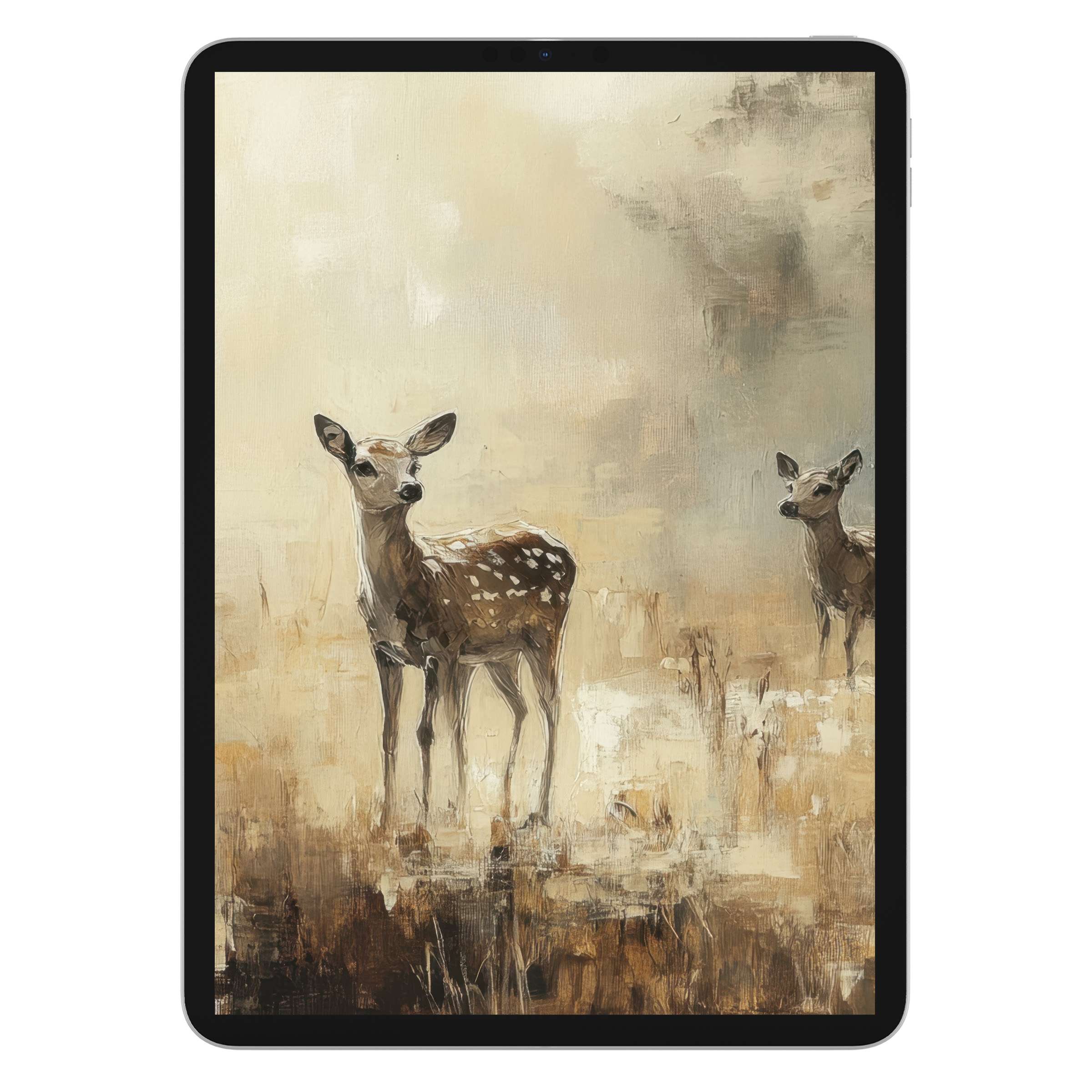 Vintage iPad wallpaper with soft, earthy tones featuring serene deer in a misty landscape, perfect tablet background digital download