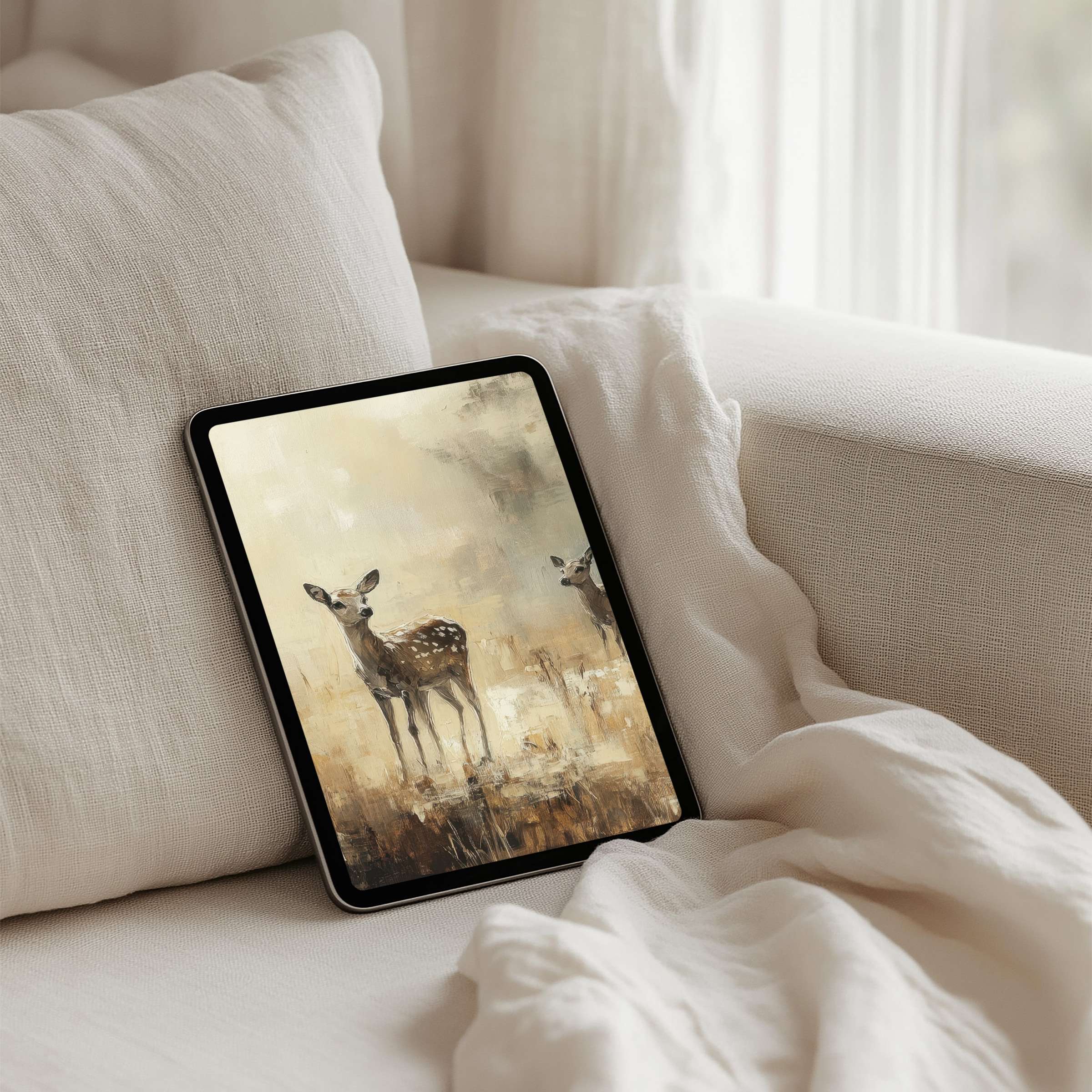 Elegant iPad background featuring a serene deer painting offering calm inspiration for instant download on any tablet device