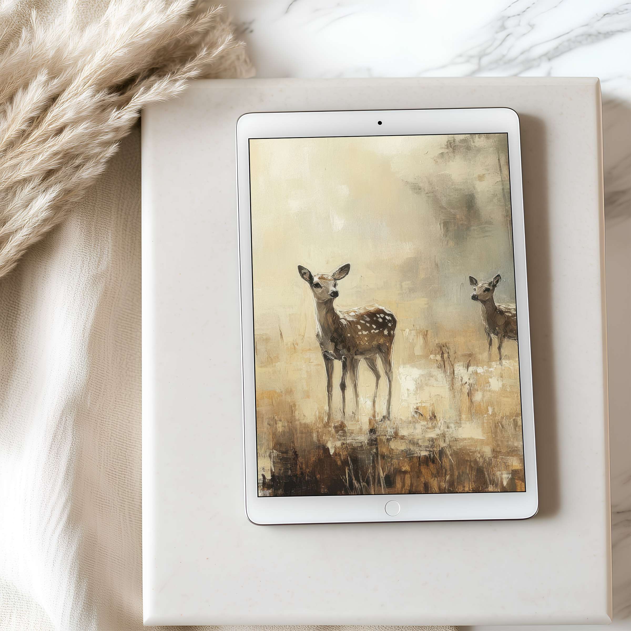Elegant deer-themed tablet wallpaper in serene earth tones, perfect for high-resolution iPad displays, offering a calming digital download