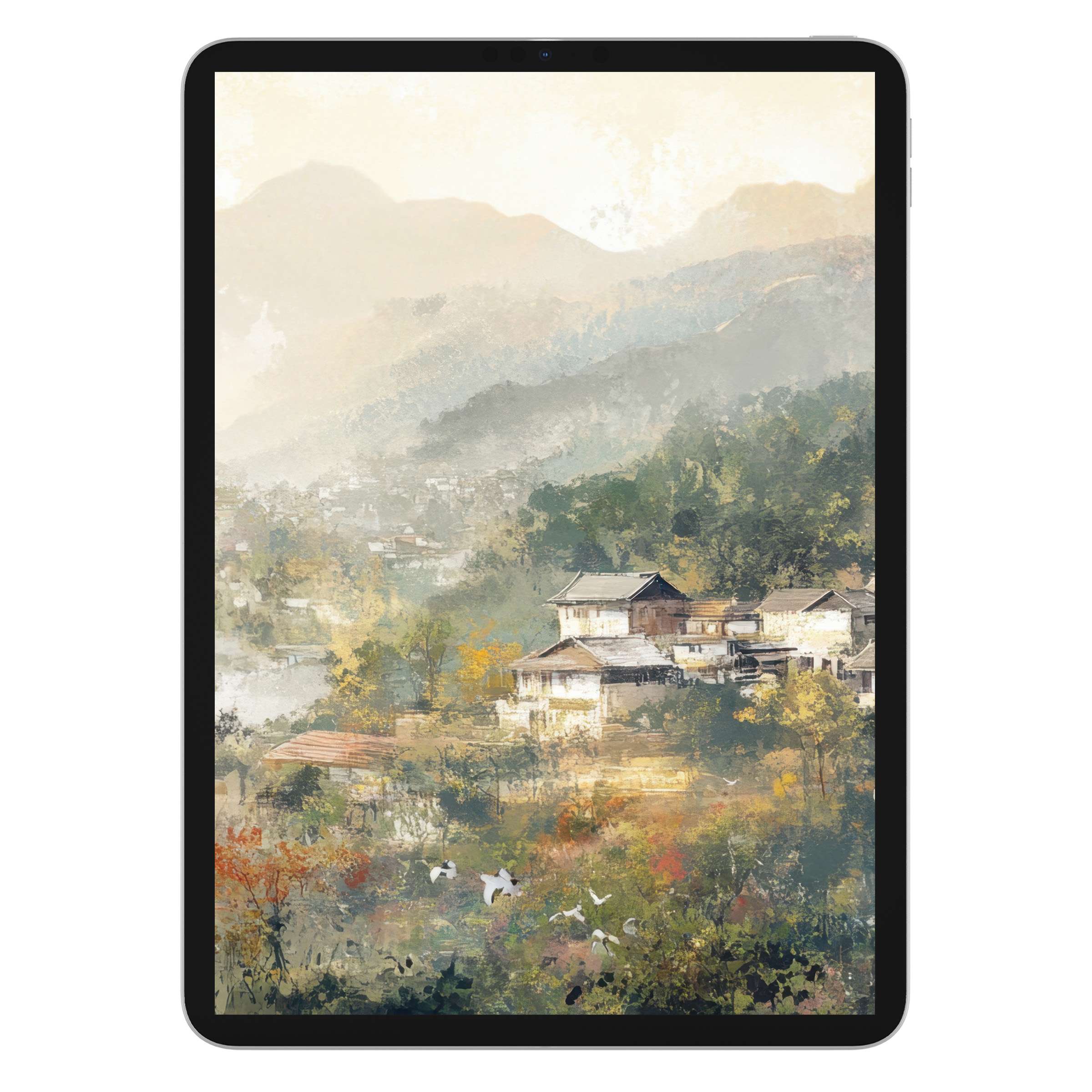 Vintage iPad wallpaper features serene watercolor village landscape, offering an elegant background for tablets; perfect digital download