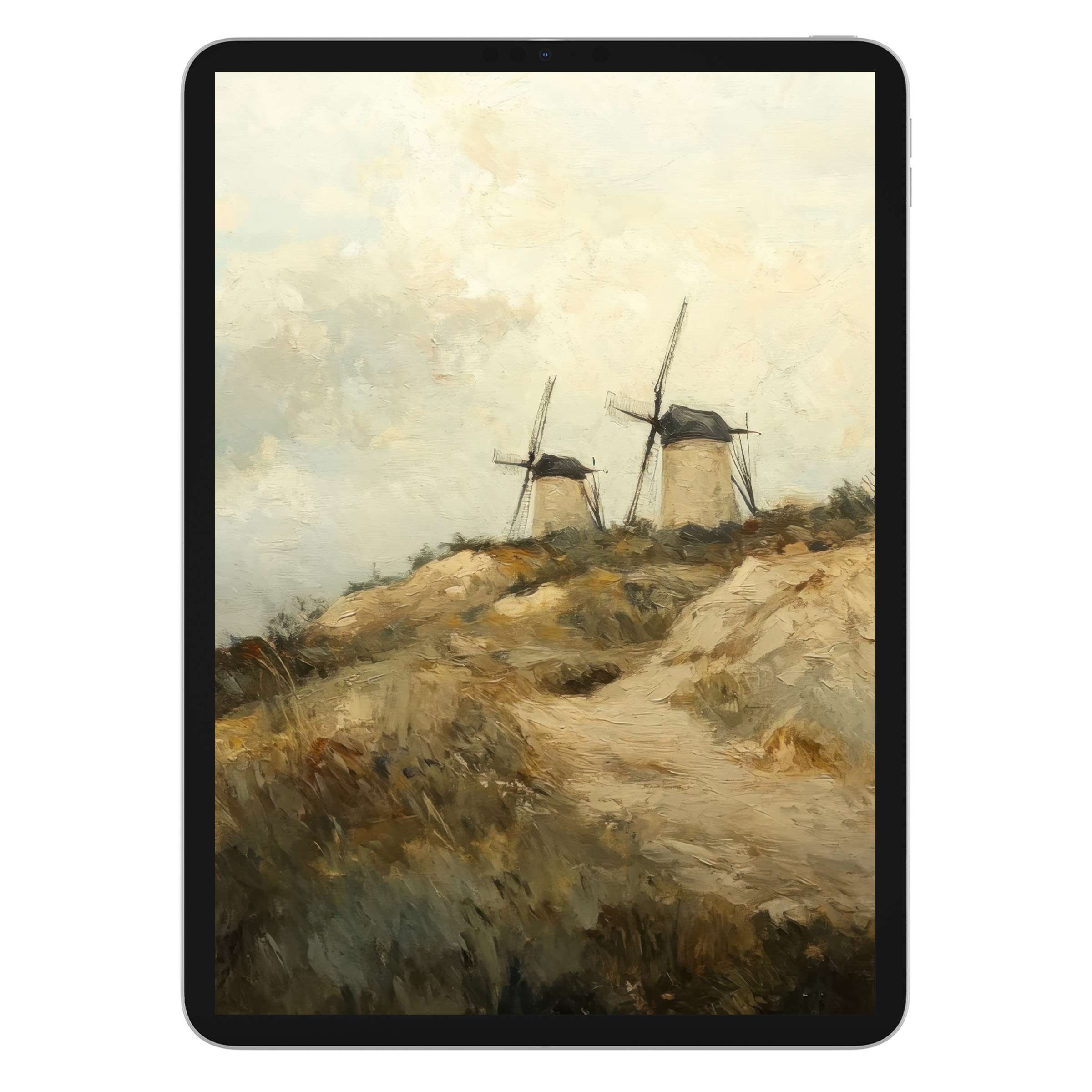 Evoke serenity with a vintage iPad wallpaper showcasing two windmills on a textured landscape, perfect digital download for tablet background
