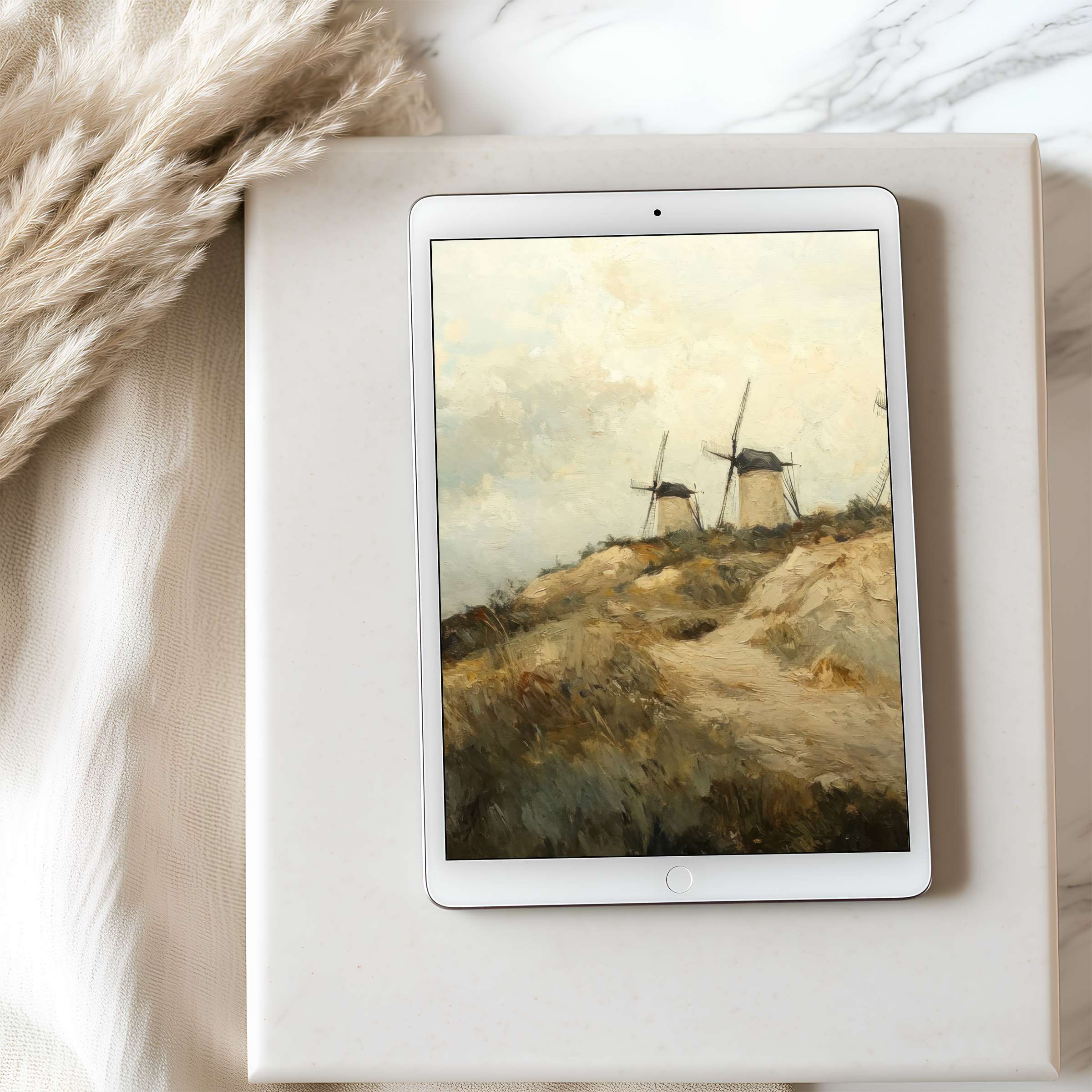 Elegant tablet wallpaper featuring serene windmill landscape in soft hues, perfect for iPad or Android high resolution digital download