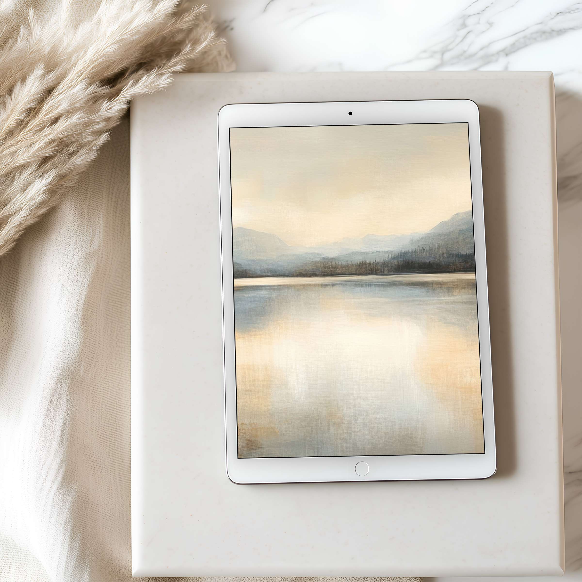 Elegant soft-toned landscape tablet wallpaper on iPad enhances serenity and style with curated art, perfect for digital download