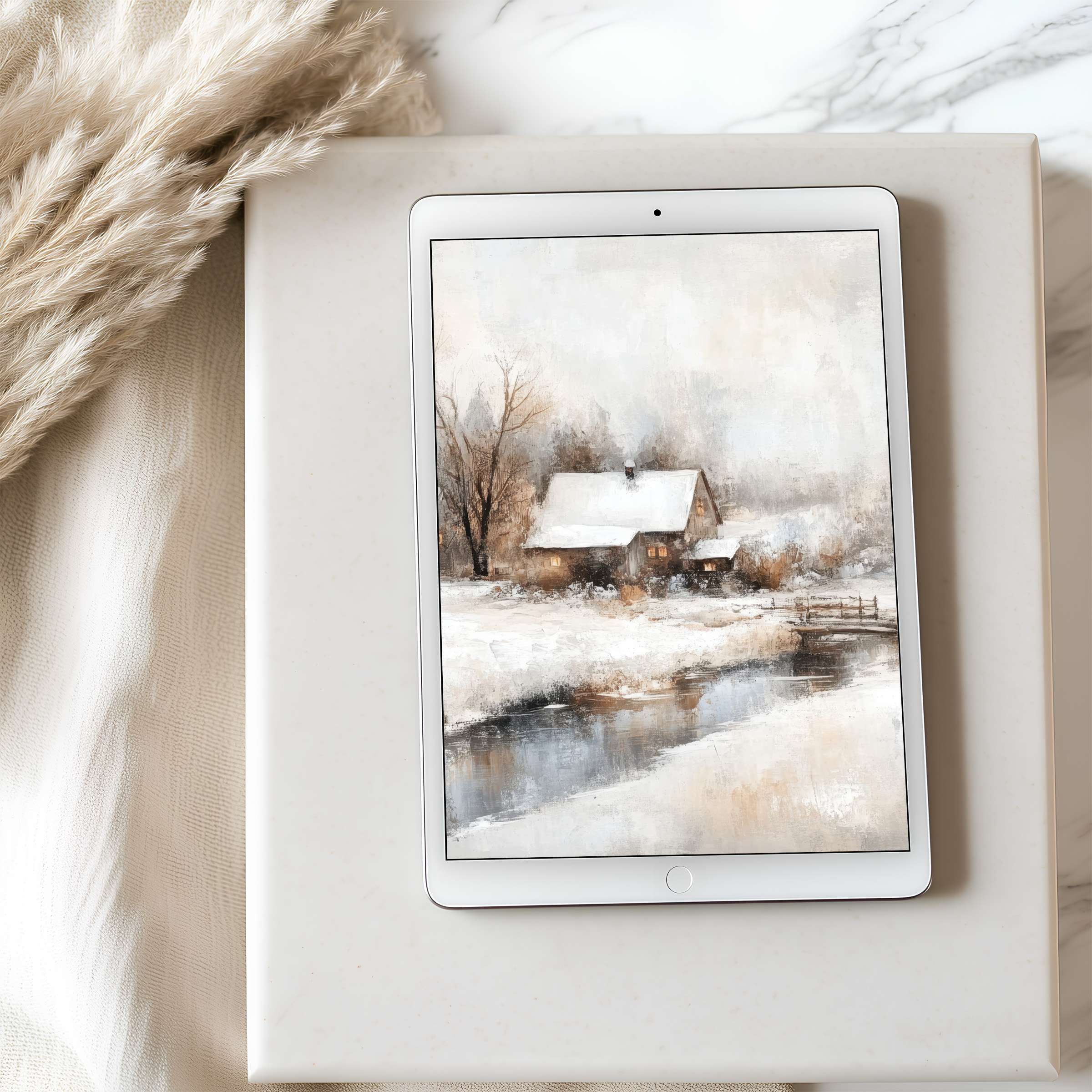 Calming winter scene tablet wallpaper in high resolution captures a serene snowy cottage perfect for iPad and Android digital download