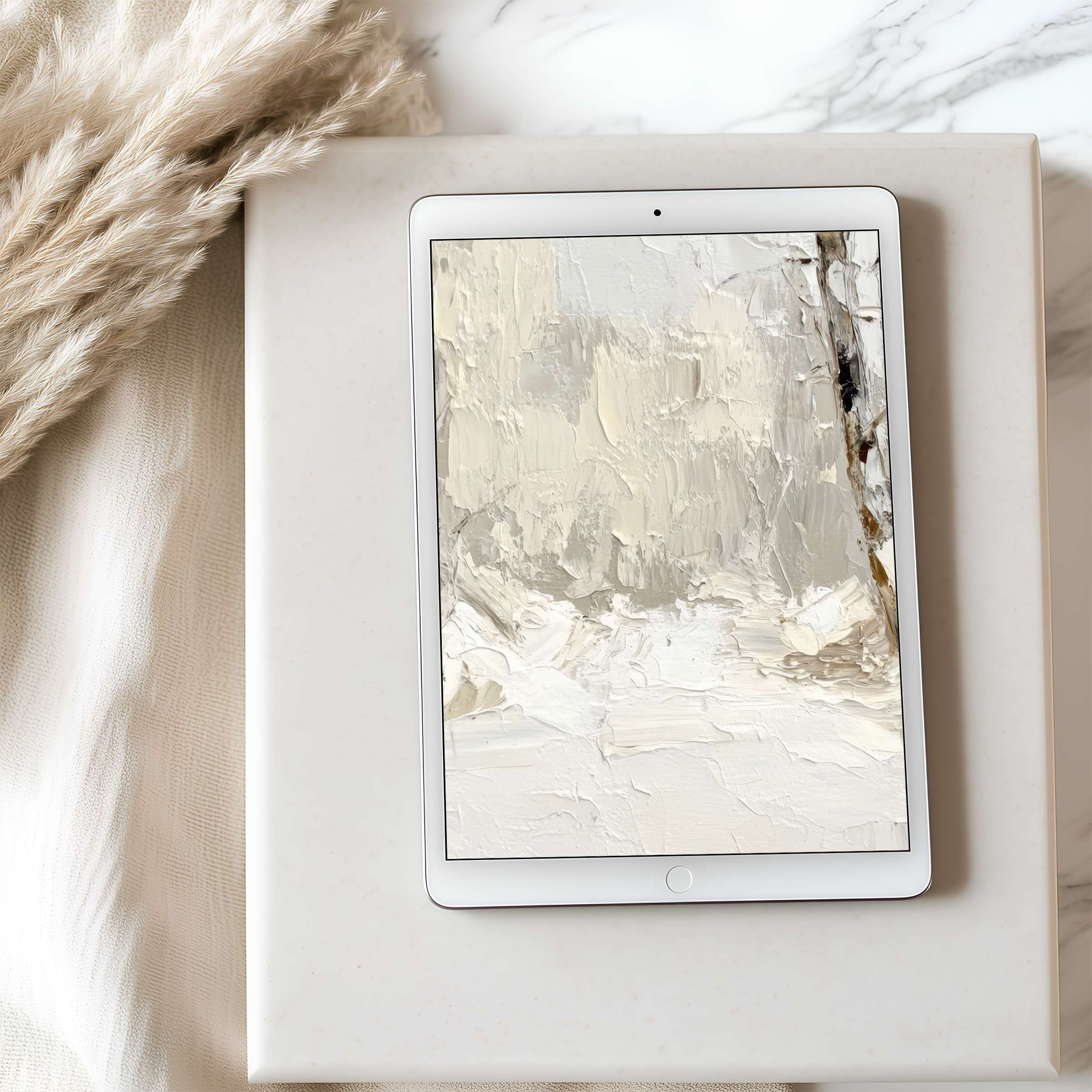 Elegant abstract tablet wallpaper in soothing neutral tones, enhancing interiors with calming aesthetics, suitable for iPad and Android tablets