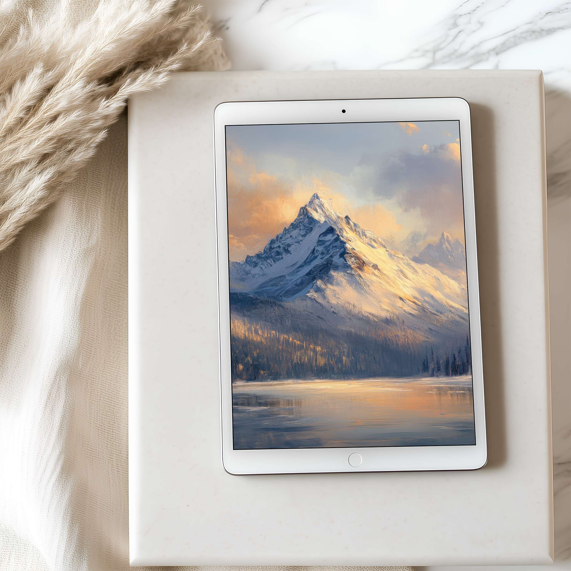 Elegant tablet wallpaper featuring serene mountain peaks at sunset ideal for high resolution iPad and Android download enhancing calm tranquility
