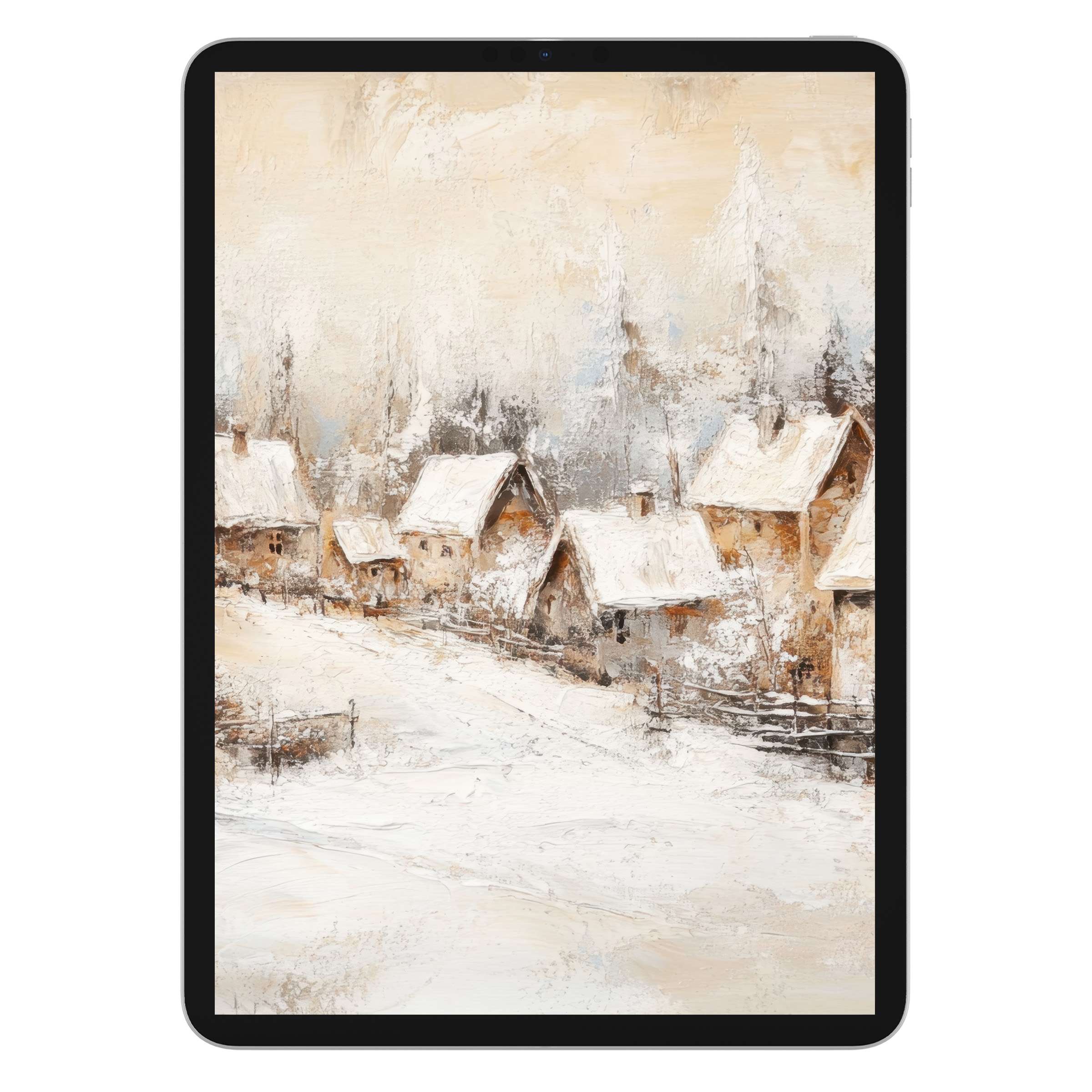 Vintage iPad wallpaper with snowy village scene, ideal for digital download as a serene tablet background with rustic charm