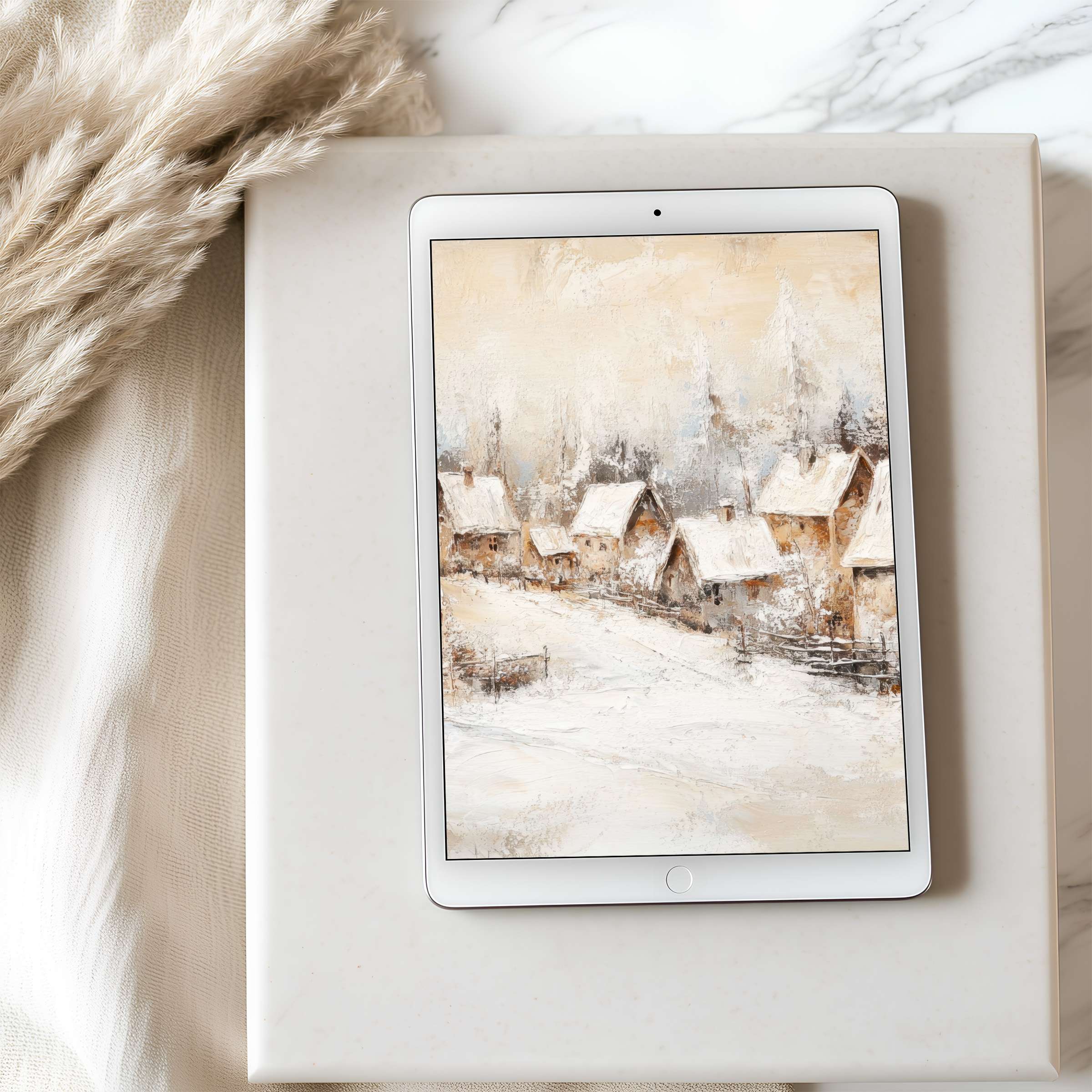Cozy winter village scene in tablet wallpaper, perfect for iPad or Android tablets, offering serene digital download in high resolution