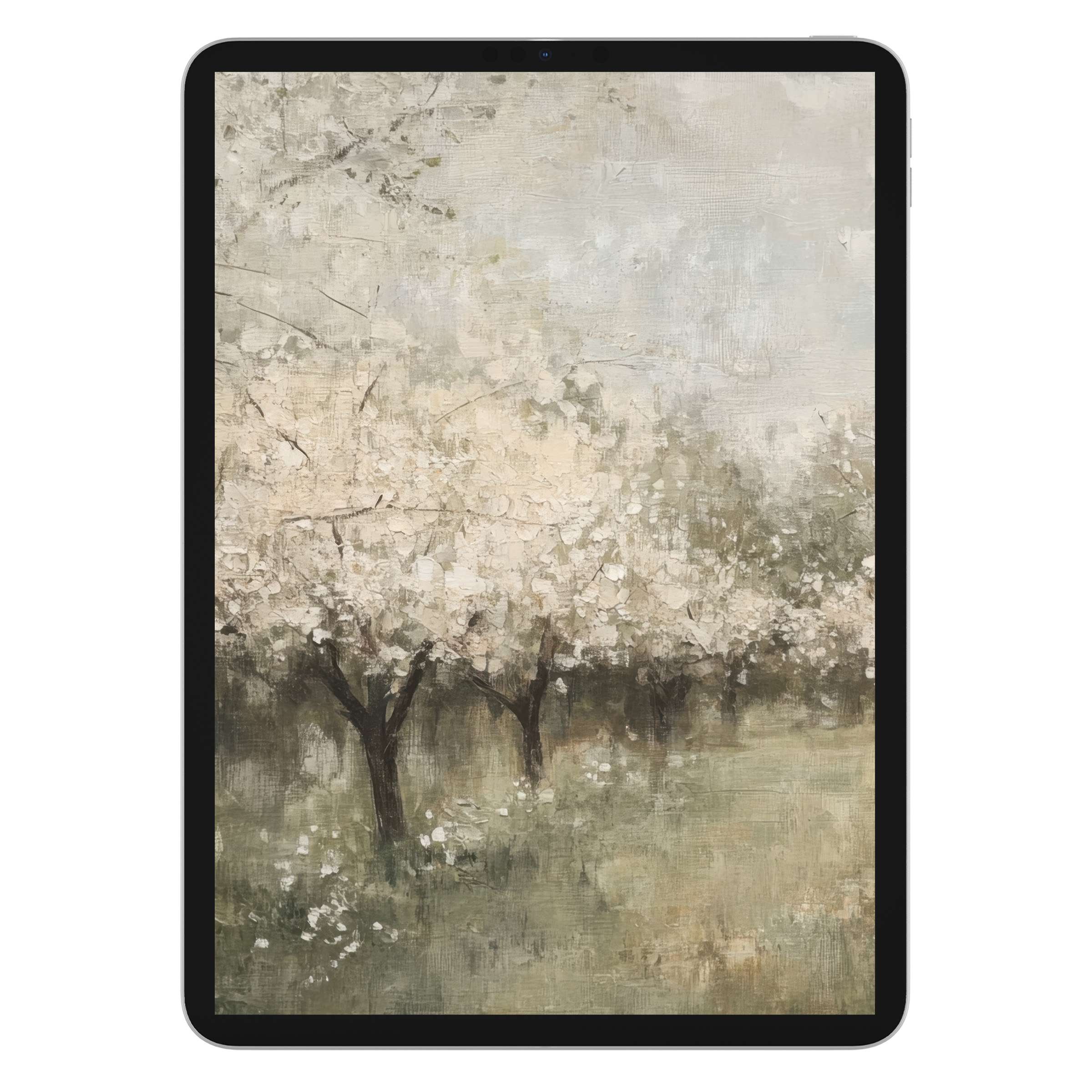 Elegant vintage iPad wallpaper featuring serene blossoming trees on a textured background perfect for tablet digital download use