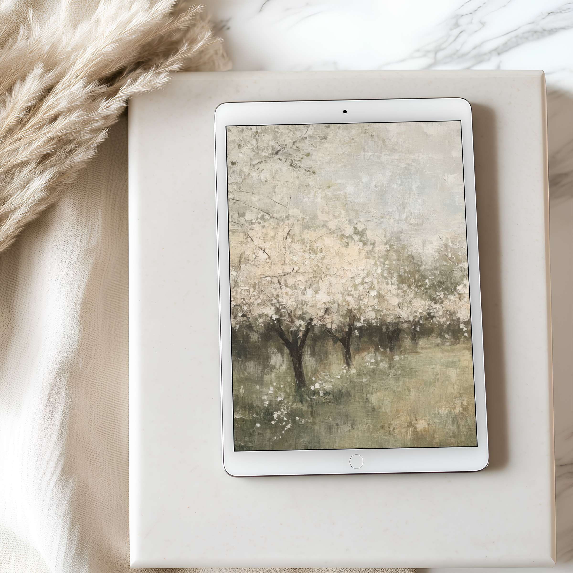 Serene tablet wallpaper featuring a pastel landscape painting with blooming trees, perfect for high-resolution iPad and Android downloads