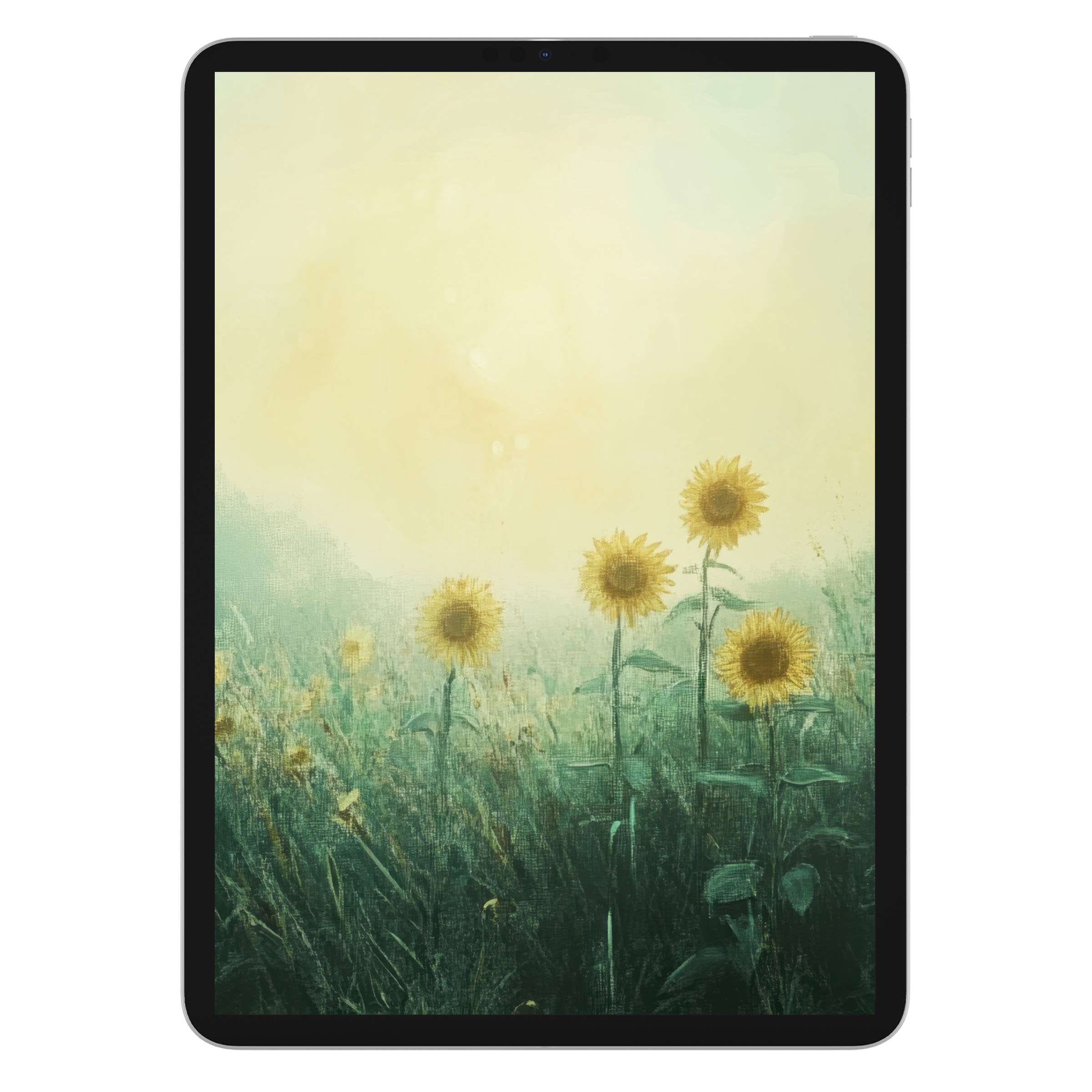 Vintage iPad wallpaper featuring sunflowers in soft hues creates a serene background for tablet, perfect for digital download elegance