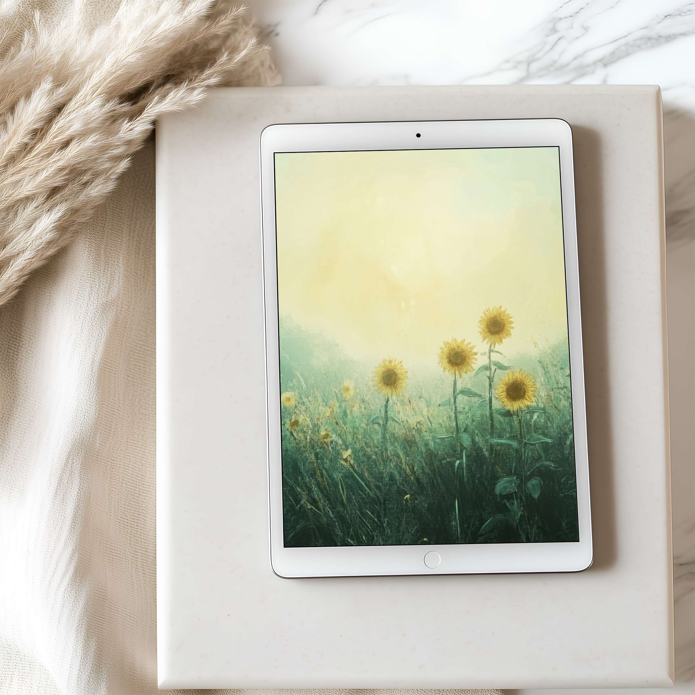 Elegant tablet wallpaper featuring sunlit sunflower field, perfect for iPad or Android tablets Calm digital art download for interiors