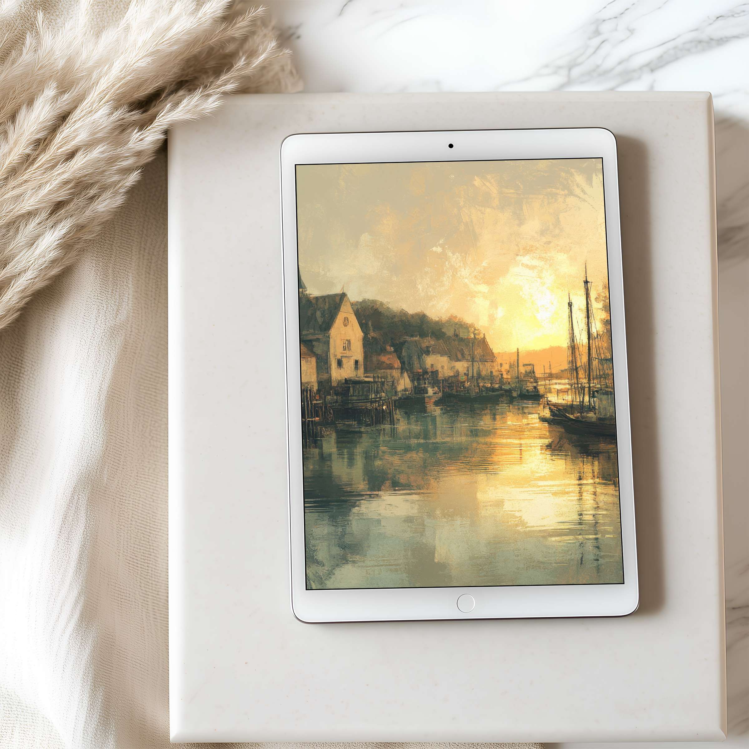 Elegant tablet wallpaper depicting a serene harbor sunset in warm tones, perfect for iPad or Android, enhancing tranquility with high resolution download