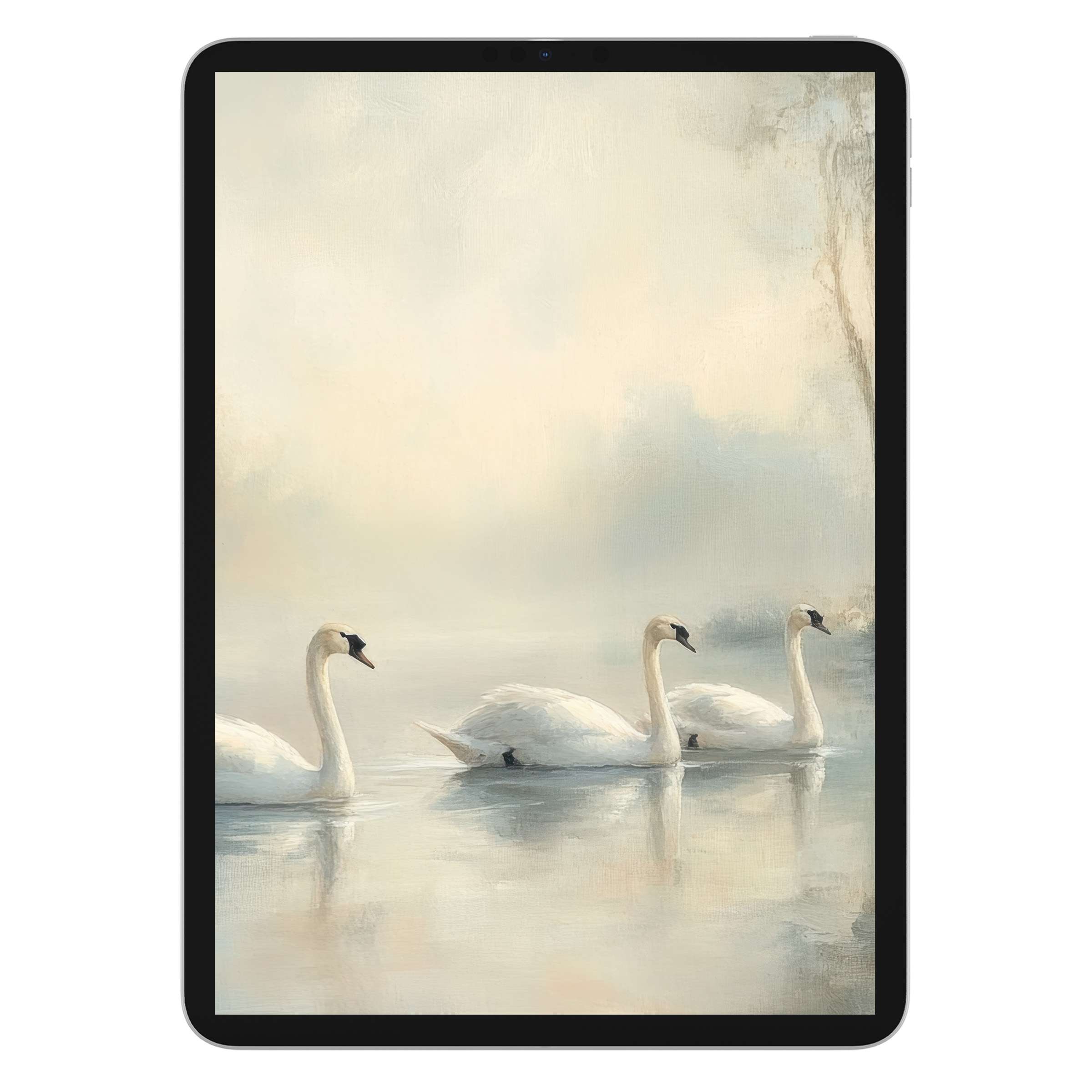 Gentle swans glide across a misty lake in this vintage iPad wallpaper, a calming digital download for tablet backgrounds