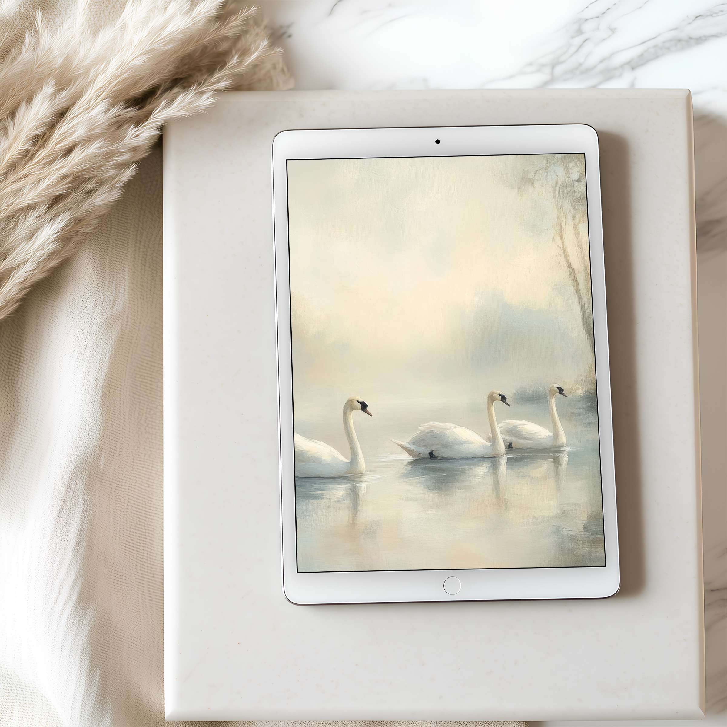 Elegant swan motif tablet wallpaper evoking calm with serene pastels high resolution perfect for iPad and Android digital downloads