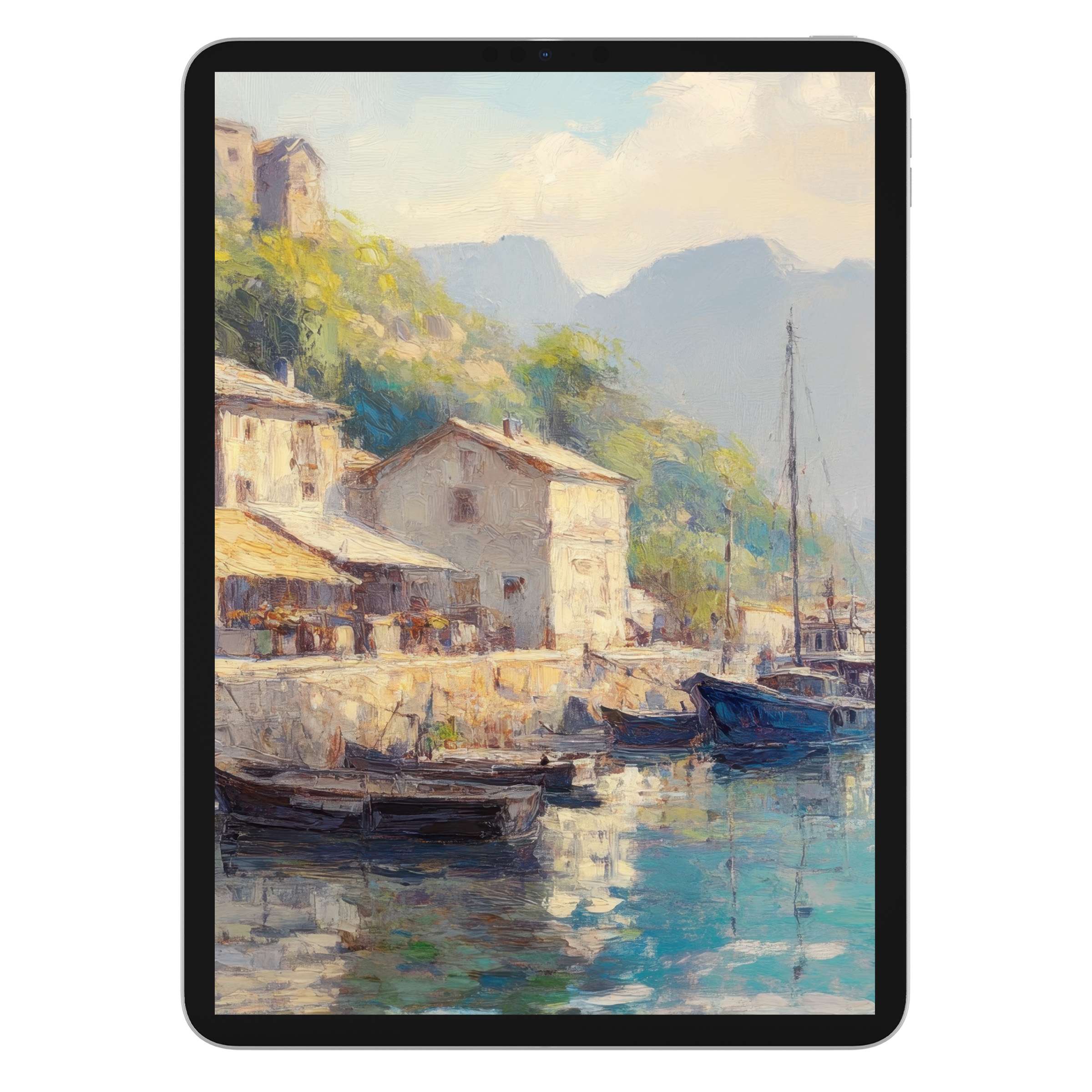 Serene vintage iPad wallpaper with impressionist harbor scene, perfect digital download for tablet background elegance and tranquility
