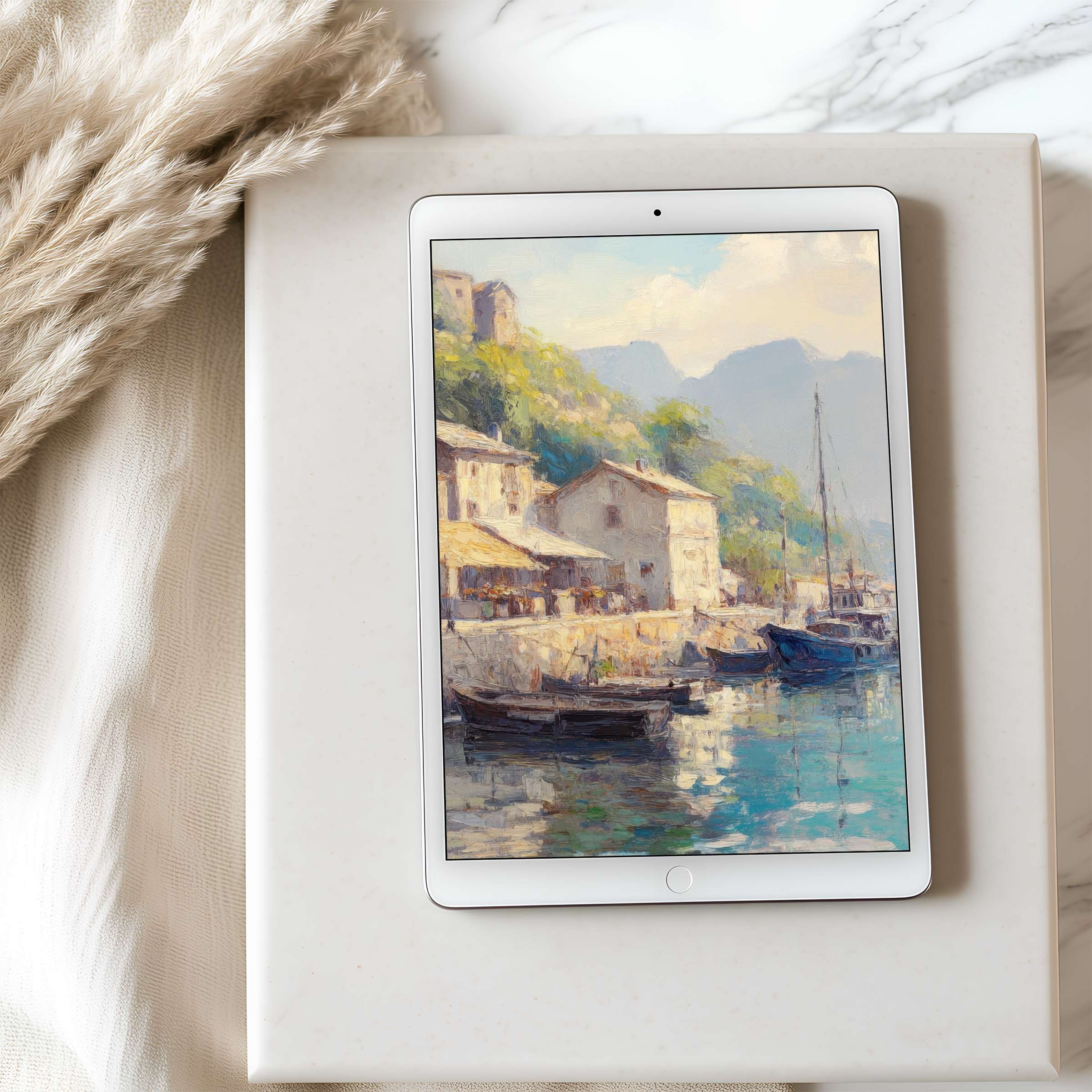Serene coastal scene tablet wallpaper with soft pastels and elegant brushwork perfect for iPad and Android digital download