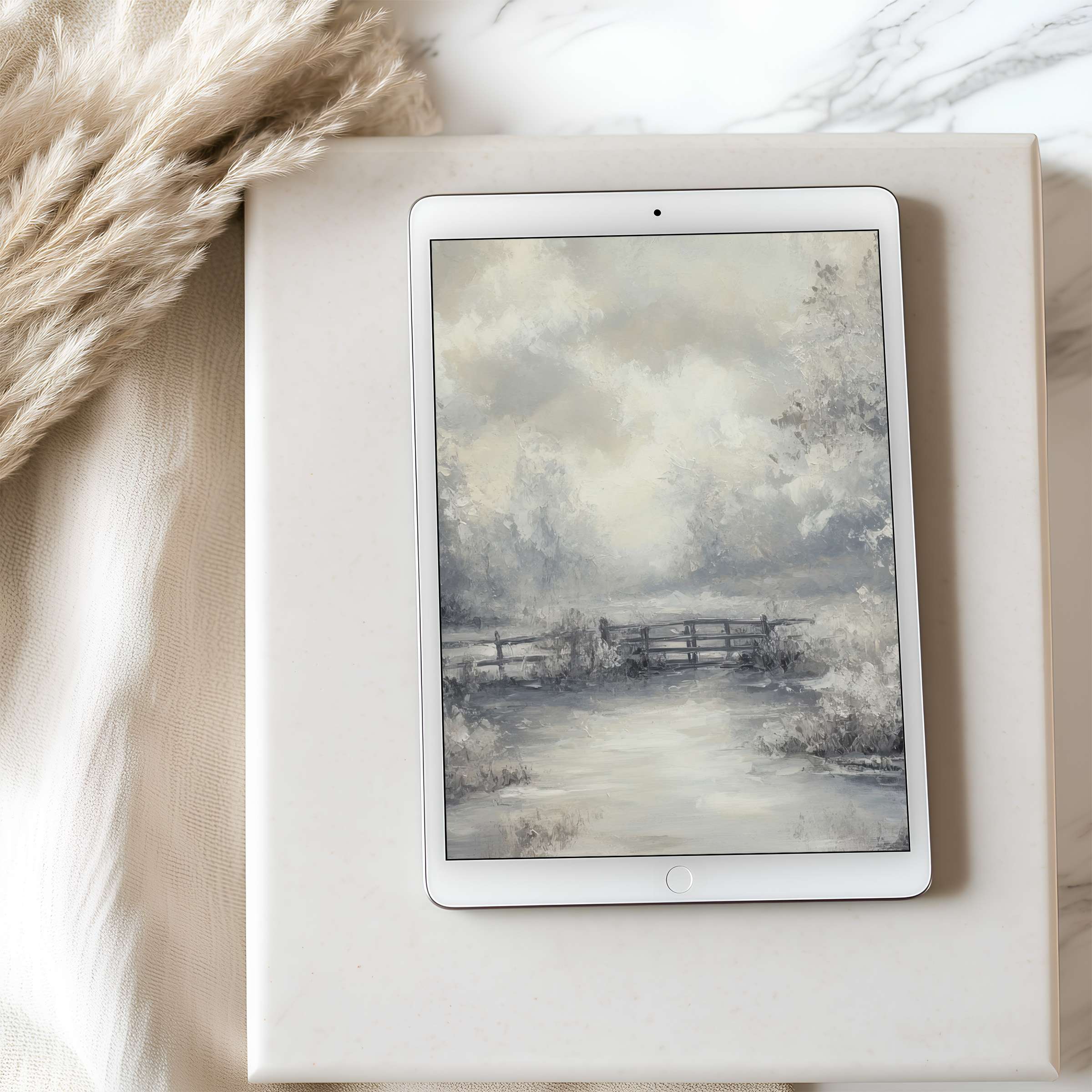 Elegant tablet wallpaper featuring serene landscapes in muted tones enhances any interior, perfect for iPad and Android, high resolution
