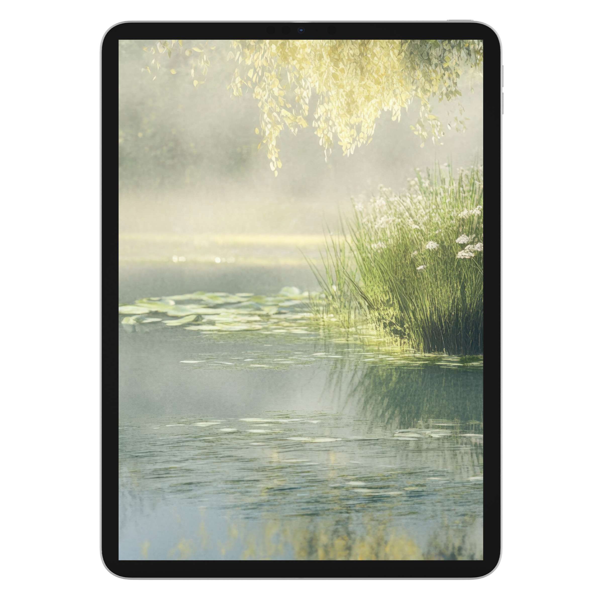 Serene vintage iPad wallpaper featuring a tranquil pond with lush greenery, perfect digital download for tablet background elegance