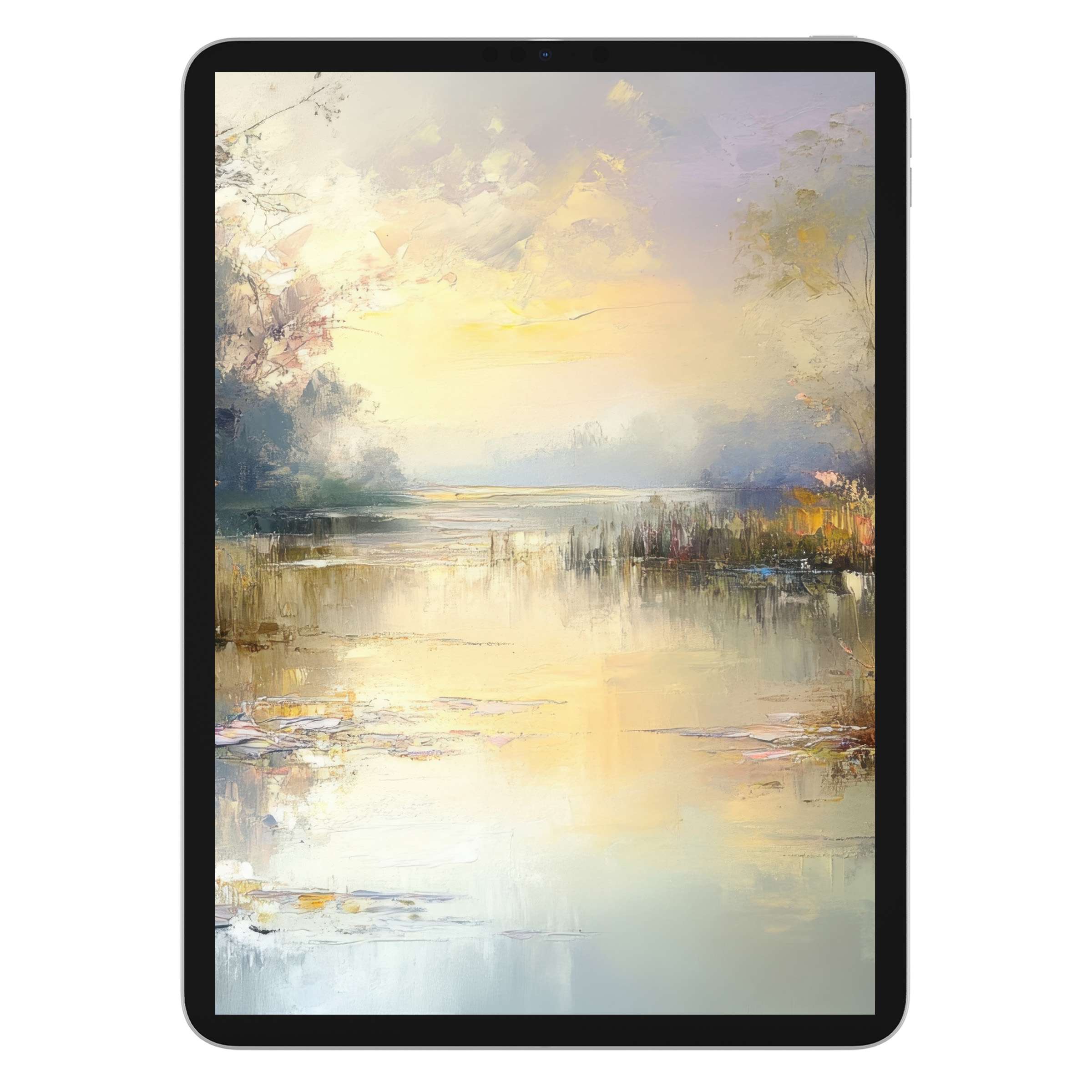 Elegant vintage iPad wallpaper depicting a serene lake sunset, perfect digital download for tablet backgrounds enhancing calm aesthetics