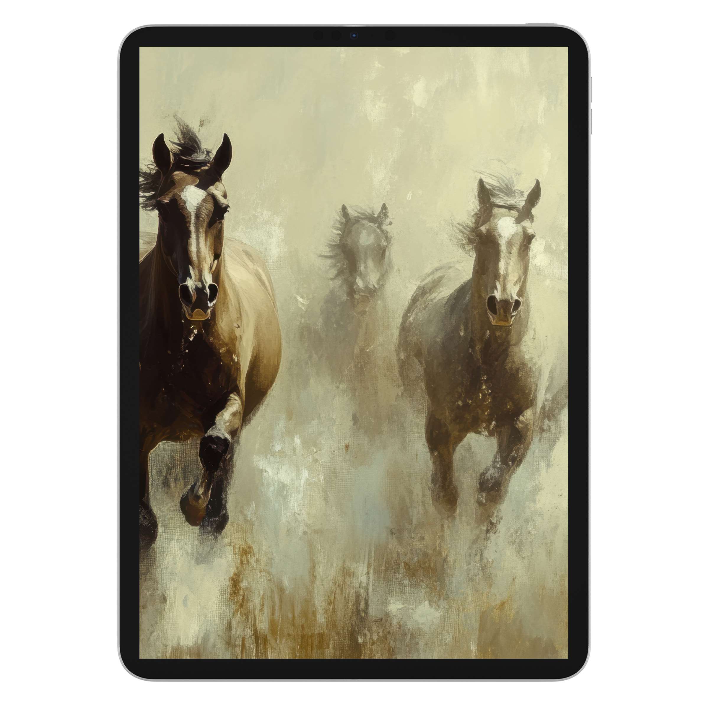 Dynamic vintage iPad wallpaper featuring galloping horses creating an inspiring digital download, perfect for tablet backgrounds