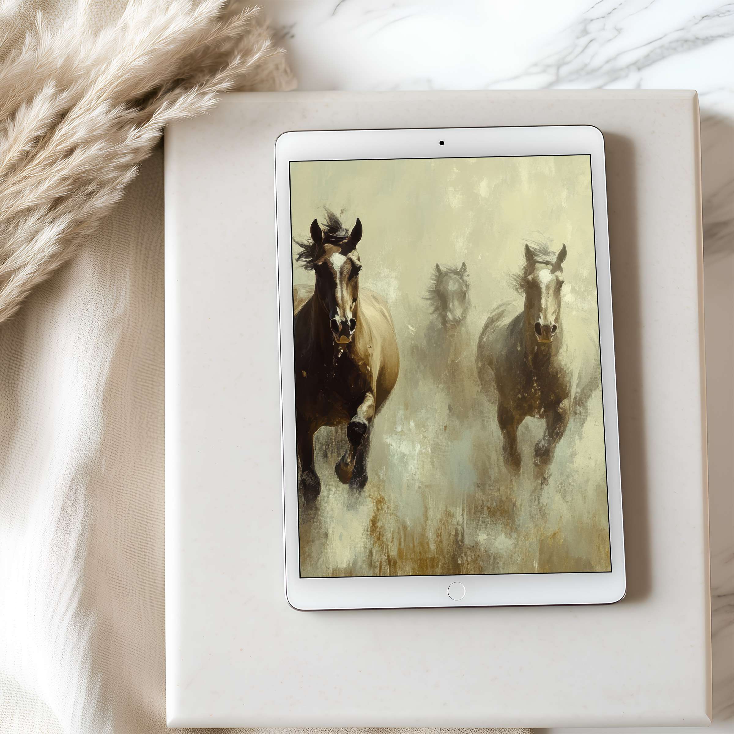 Galloping horses in muted earth tones create an elegant tablet wallpaper, perfect for iPad and Android, offering calm and clarity