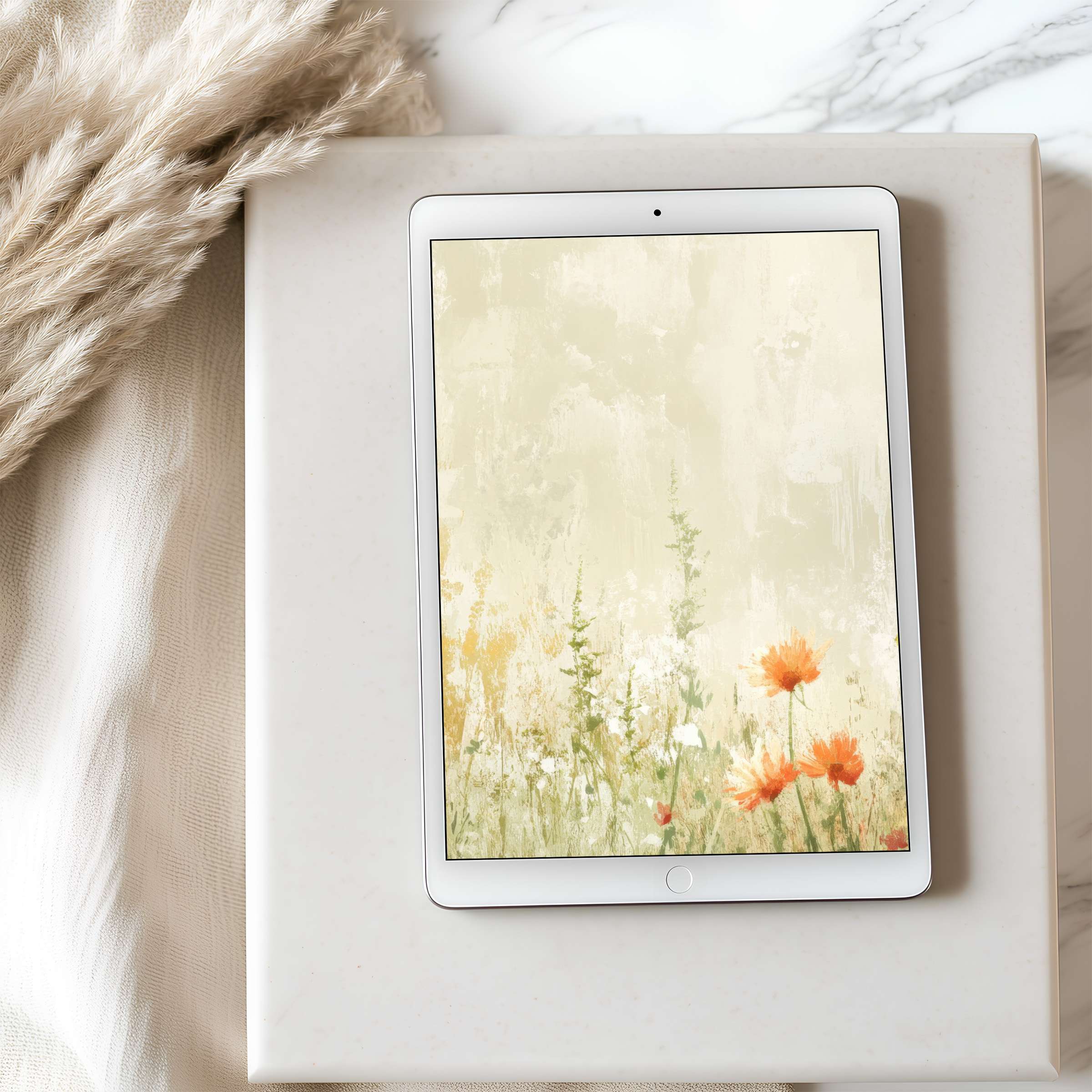 Elegant floral-themed tablet wallpaper featuring soft green and orange hues perfect for iPad, designed for calming digital download ambiance