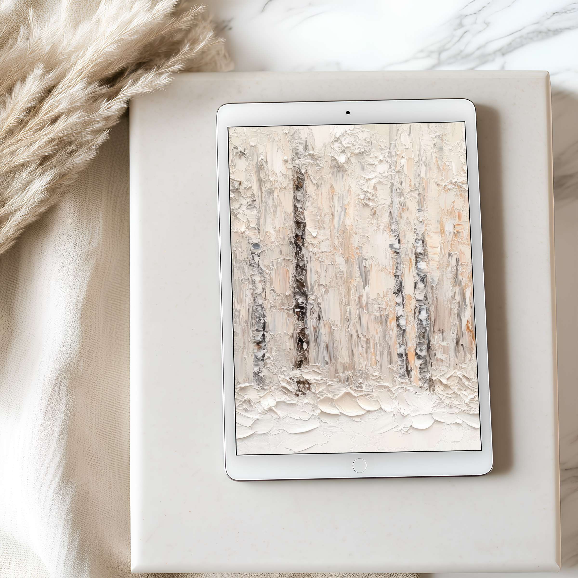 Elegant neutral abstract forest scene designed for tablet wallpaper offers calm and high resolution digital download suitable for iPad