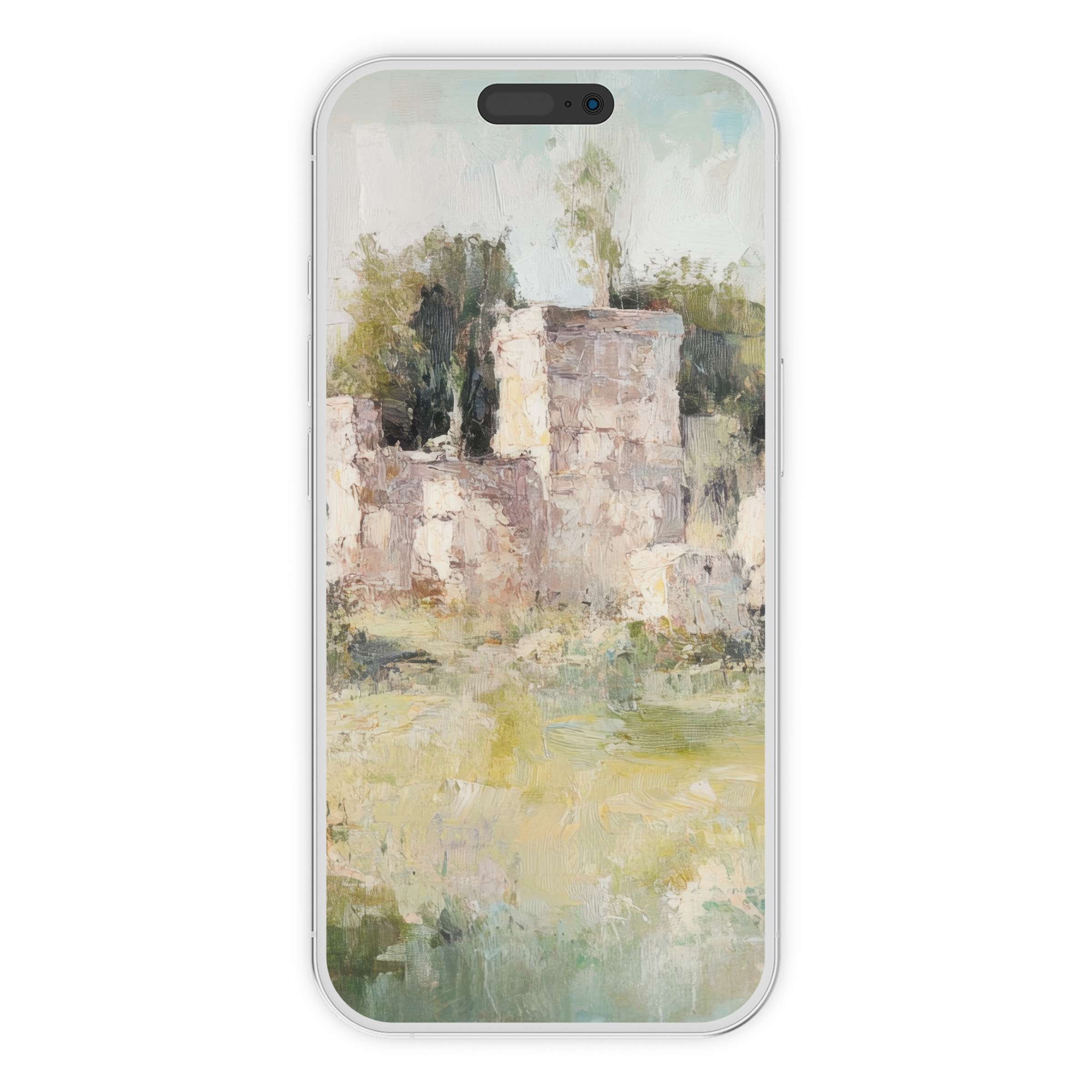 Vintage iPhone wallpaper with a serene landscape painting background evokes calmness, perfect as a digital download for any phone