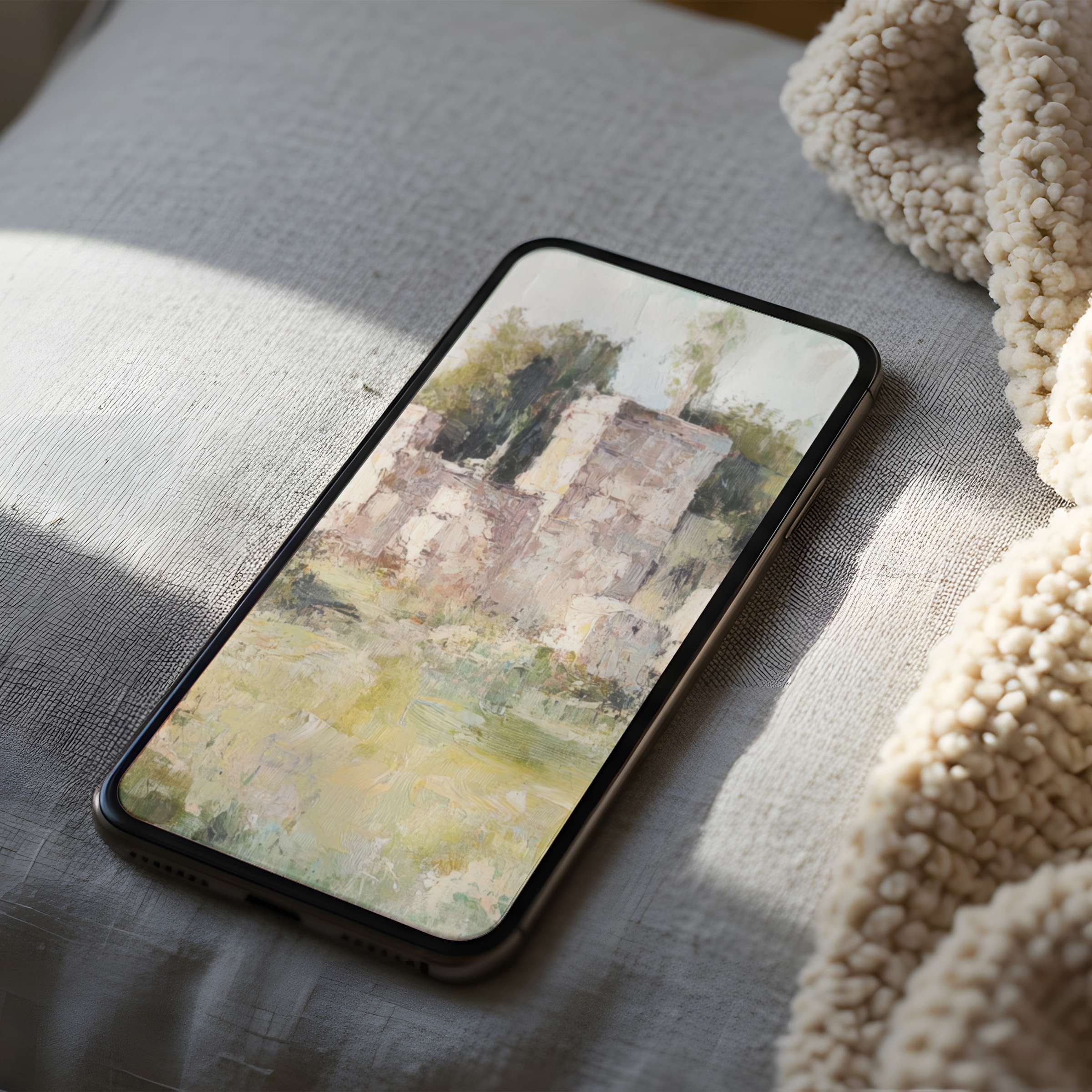 Elegant phone wallpaper with serene pastel landscape in high resolution, perfect for iPhone or Android, enhancing calm interiors