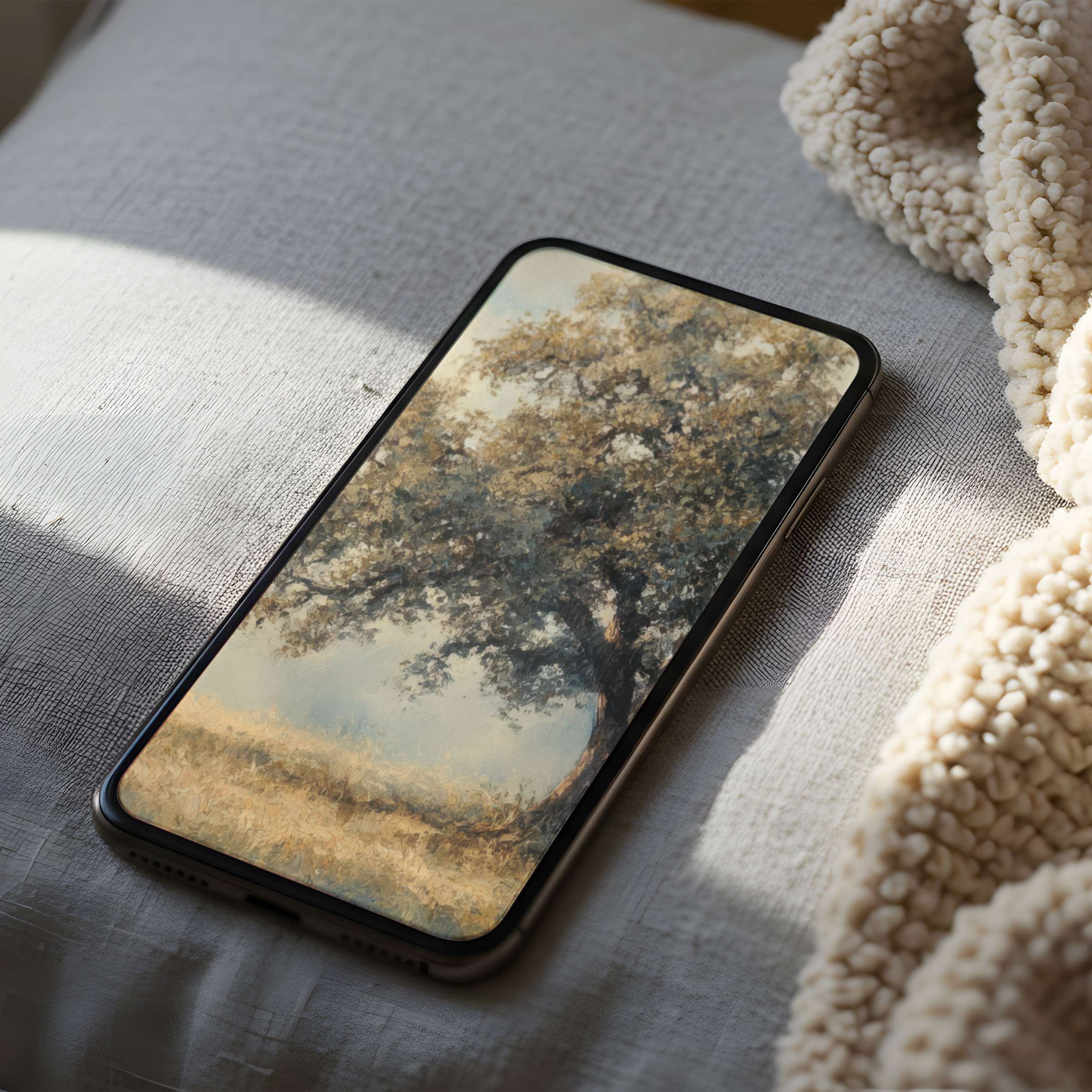 Elegant curated phone wallpaper featuring a serene autumn tree landscape in high resolution enhancing calm in any digital interior setting