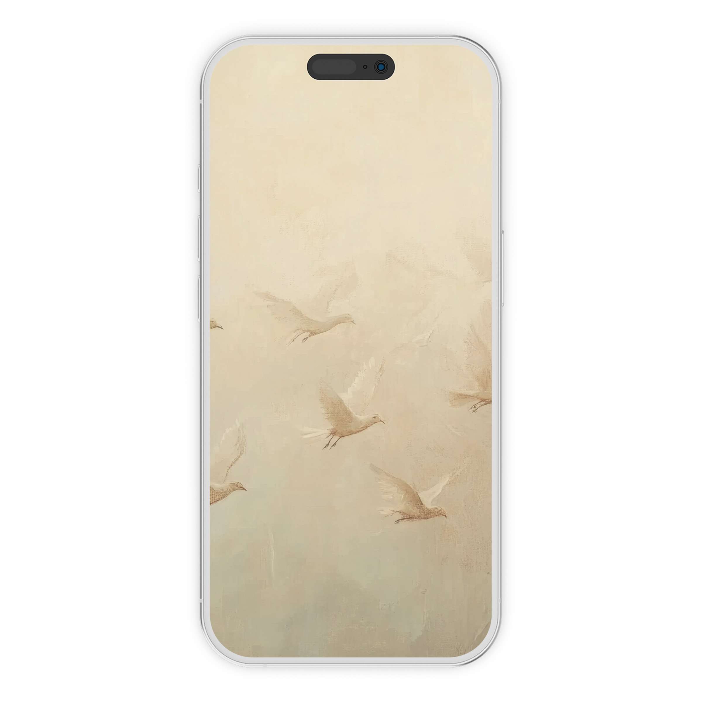 Serene vintage iPhone wallpaper featuring soft beige tones with birds in flight for phone background digital download tranquility