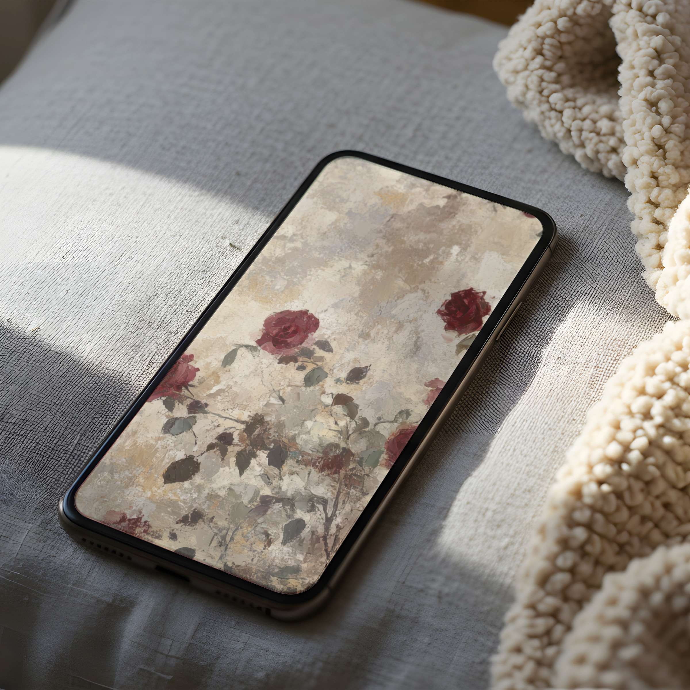 Elegant floral phone wallpaper with soft, earthy tones and roses enhances your iPhone or Android with high resolution artistry, ideal for serene digital download