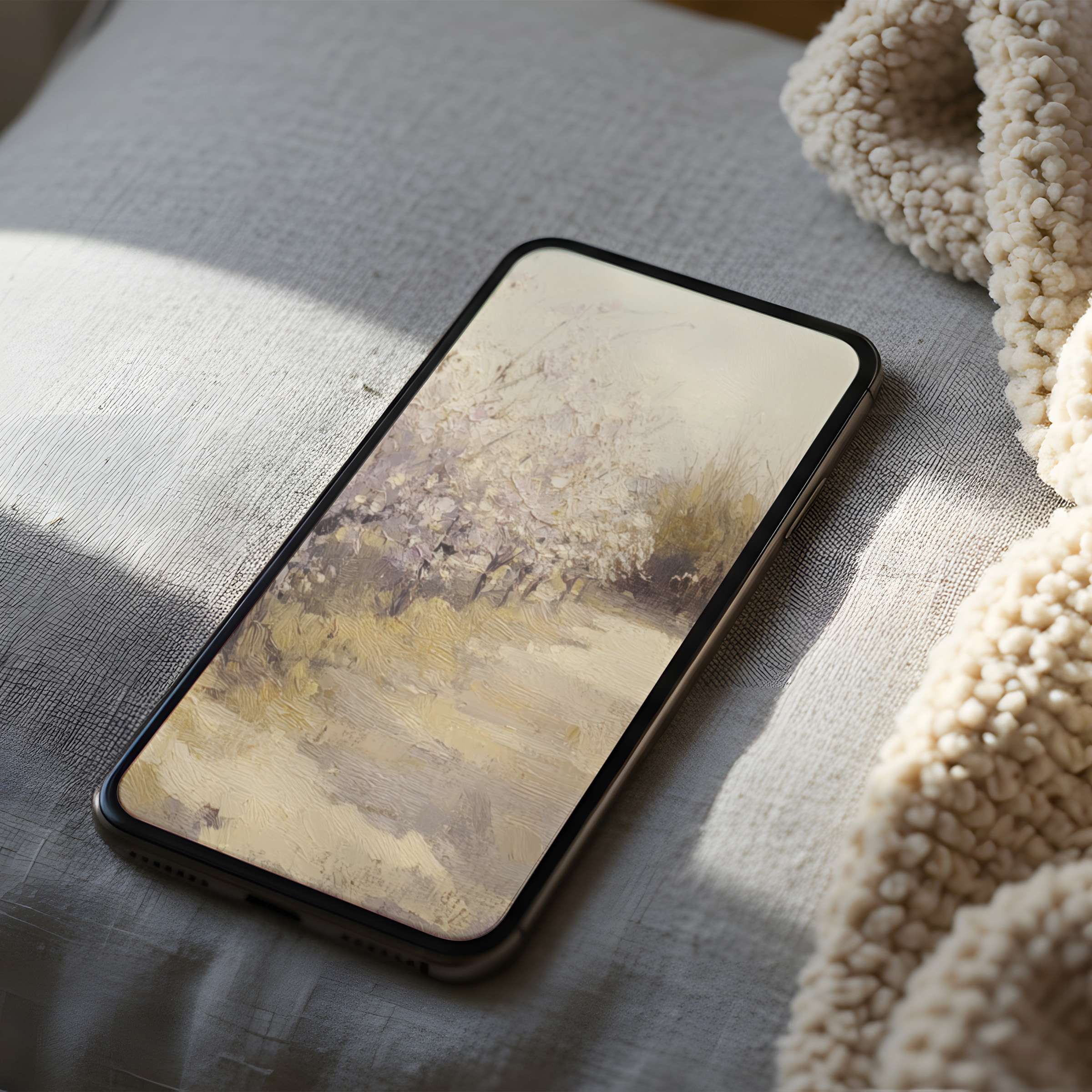 Elegant phone wallpaper featuring serene pastel trees in an impressionist style perfect for high-resolution iPhone and Android screens