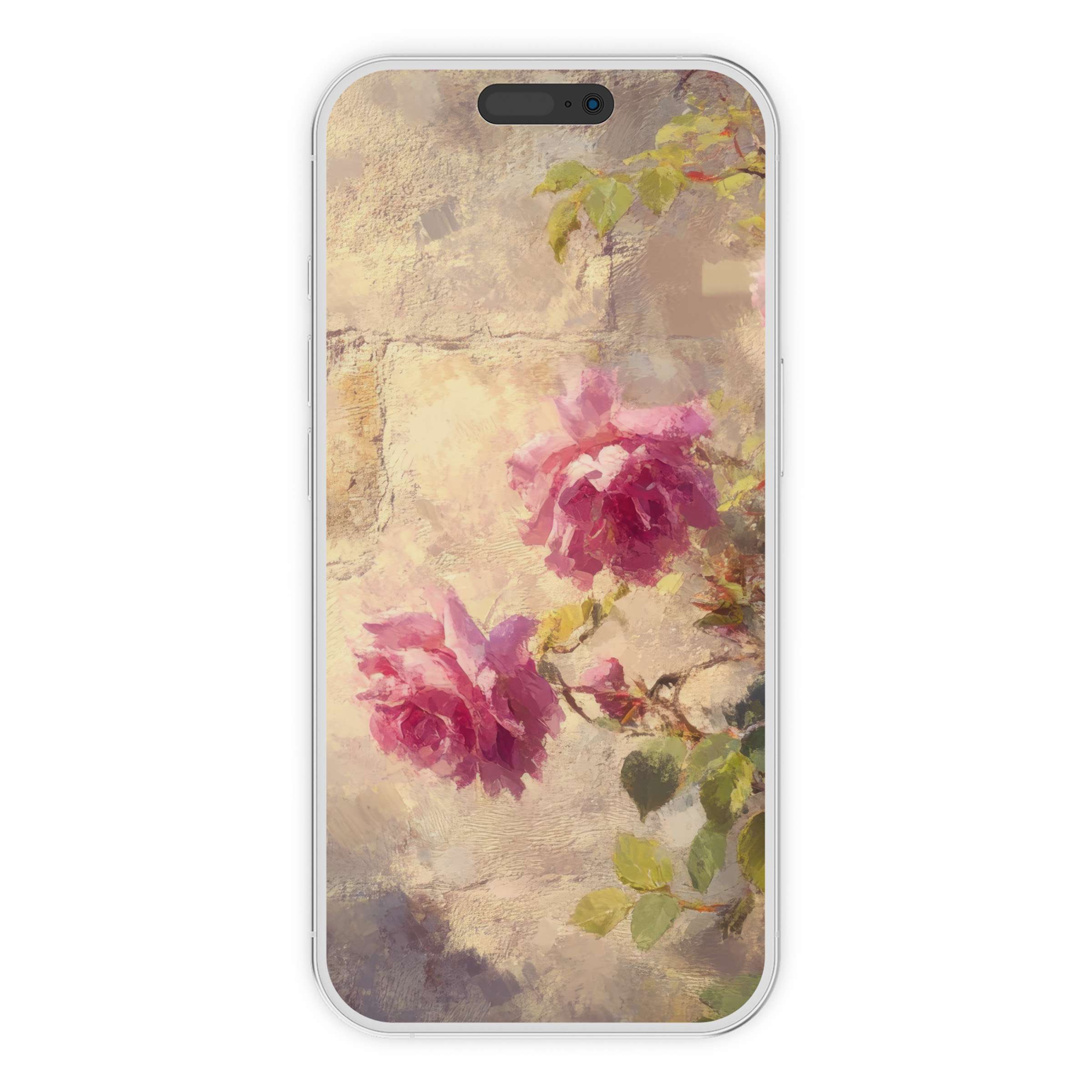 Vintage iPhone wallpaper featuring elegant pink roses on a textured background offers digital download for serene phone artistry