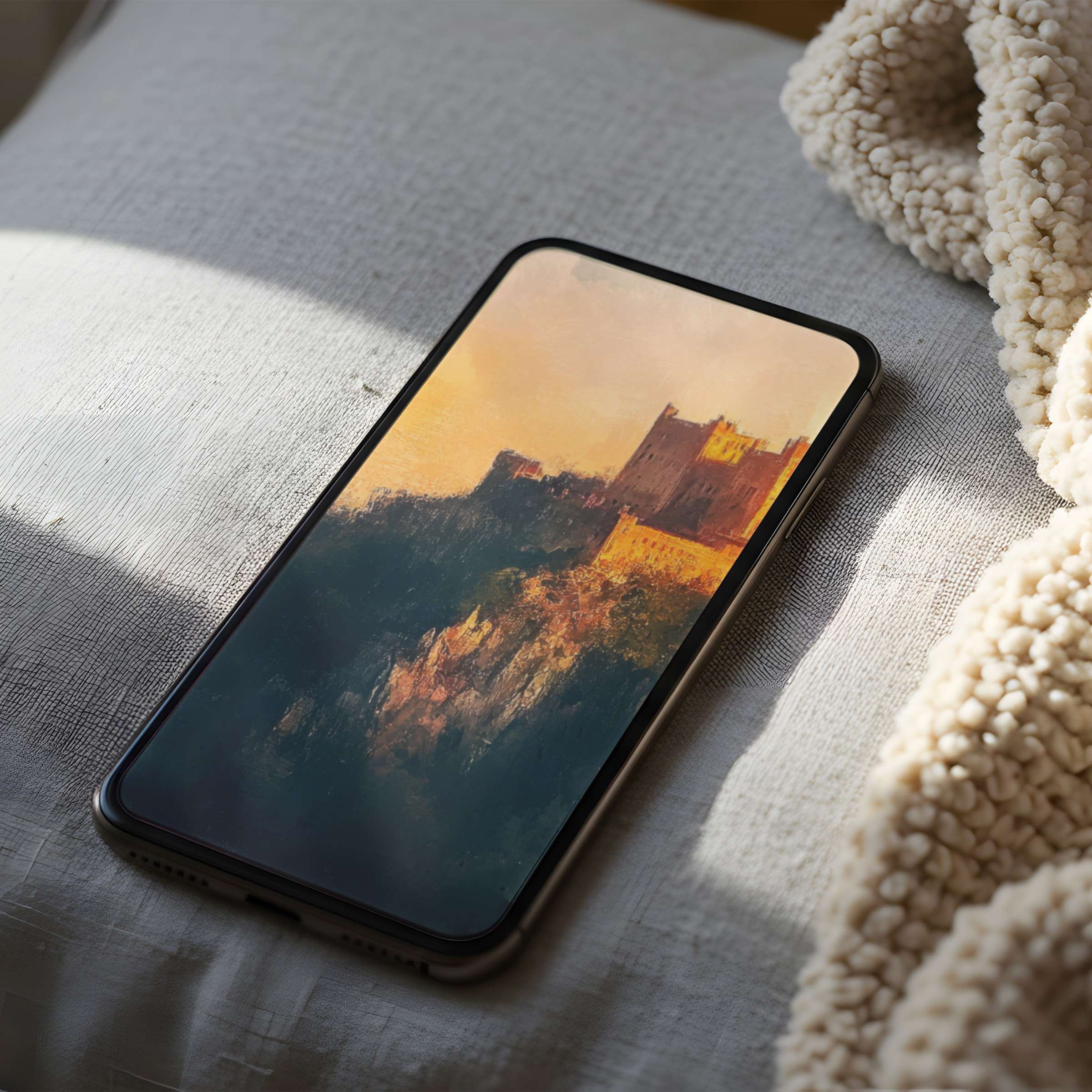 Serene castle landscape phone wallpaper in high resolution showcases warm tones and artistic elegance suitable for digital download