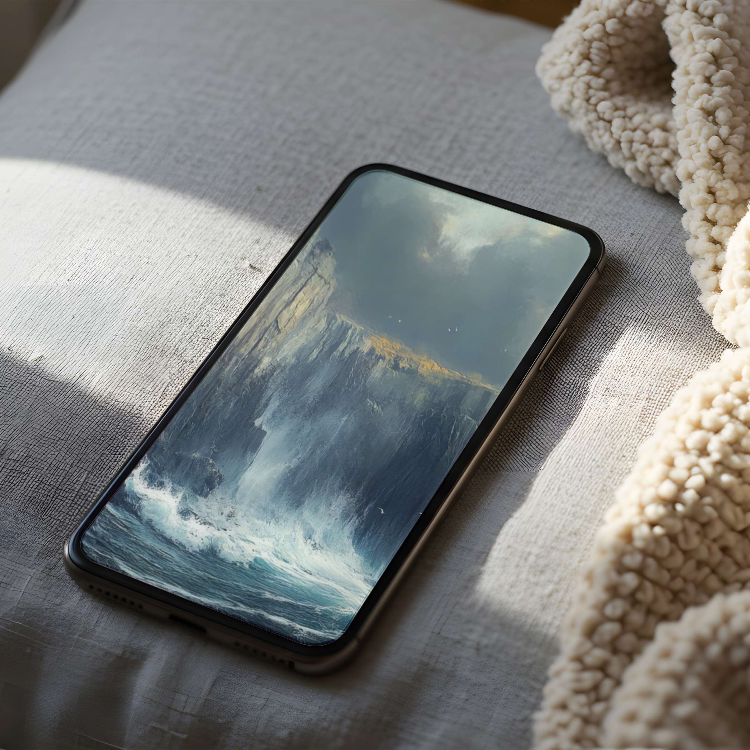 Elegant seascape phone wallpaper in high resolution, capturing tranquil waves and misty cliffs, perfect for iPhone digital download
