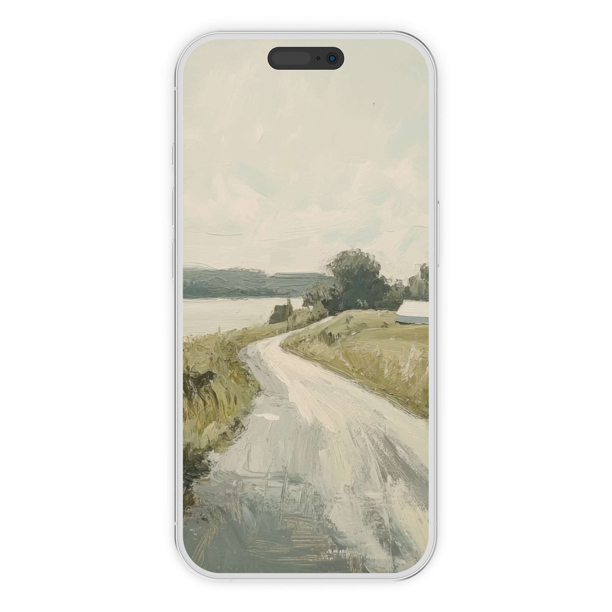 Calm rural scene painted in soft earth tones as a vintage iPhone wallpaper digital download for phone background, serene and elegant