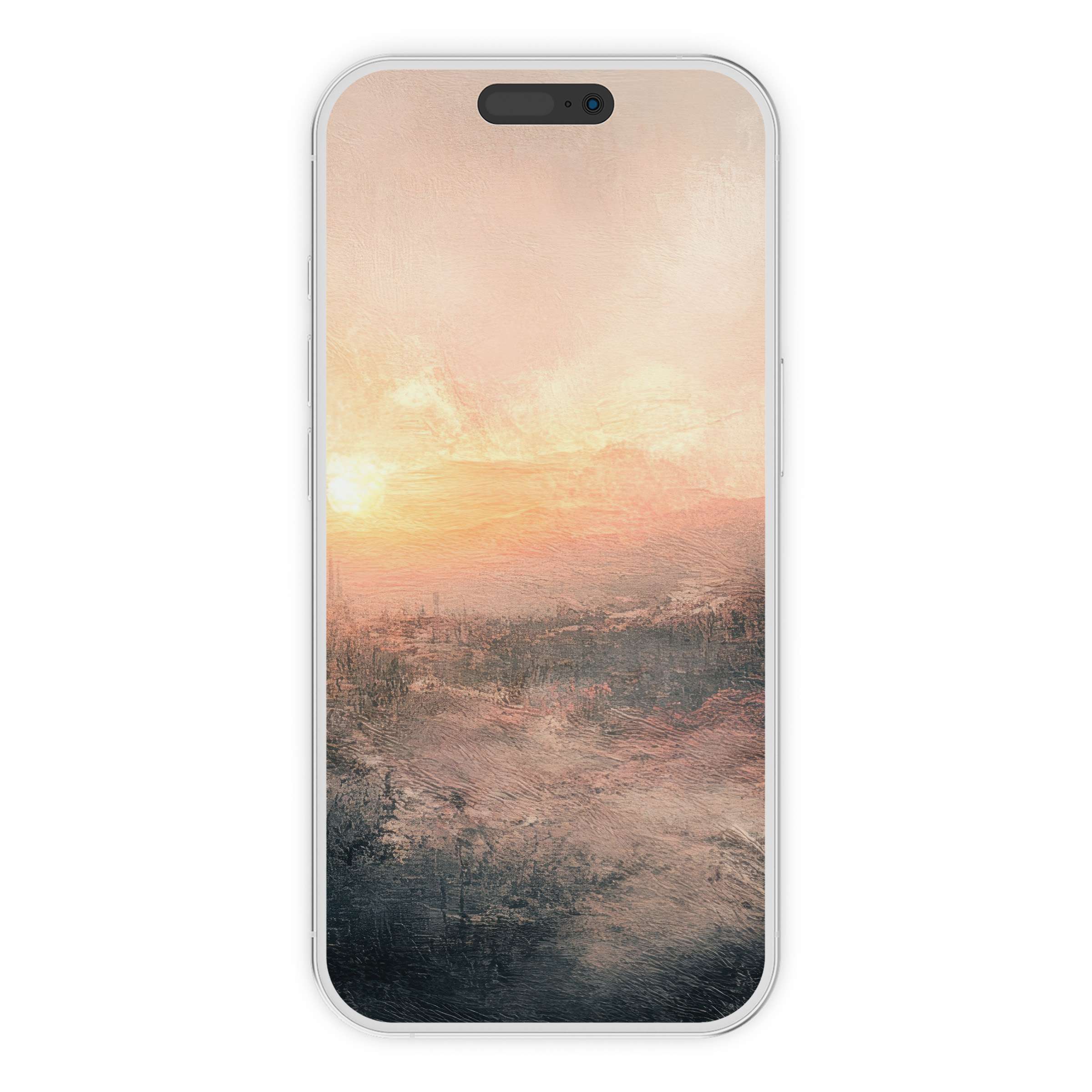 Vintage iPhone wallpaper with serene sunset hues in textured digital art for a calming phone background digital download suitable for Android
