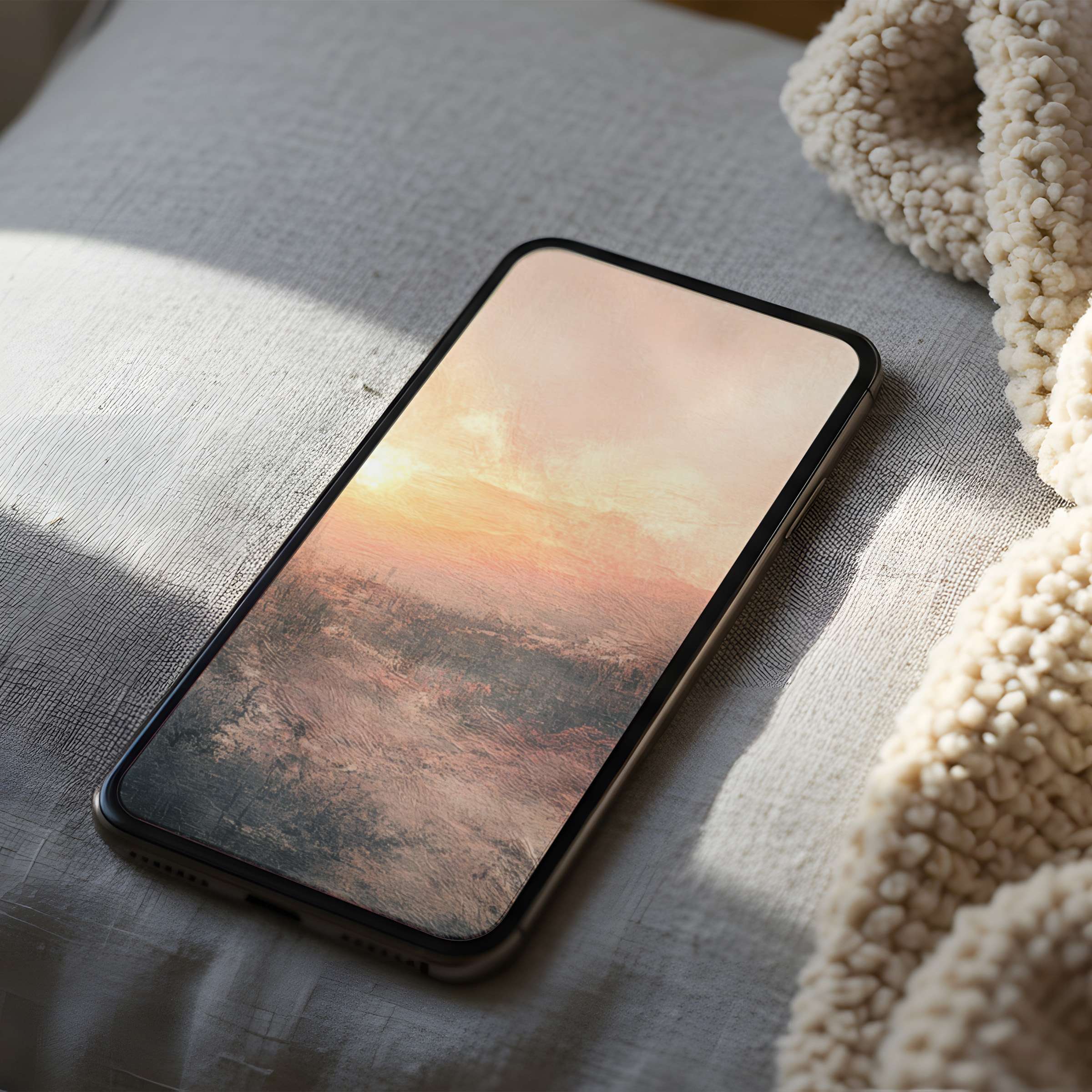 Elegant phone wallpaper featuring a serene sunset in soft pastels, perfect for iPhone and Android, offering calming vibes and sustainability