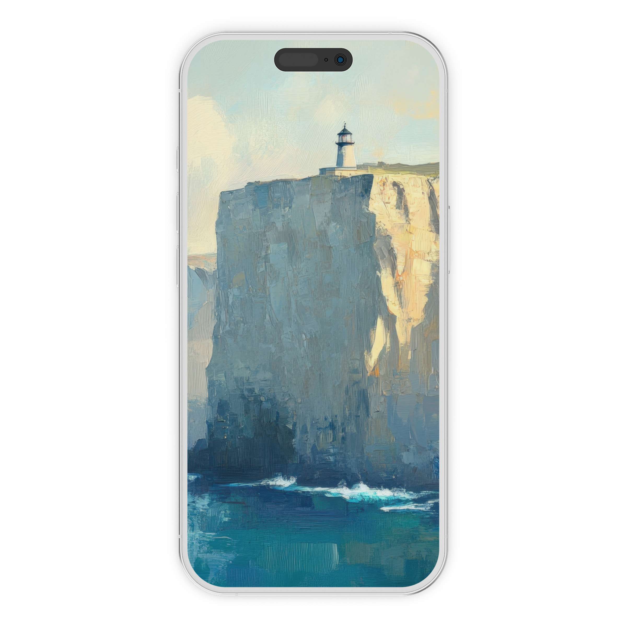 Vintage iPhone wallpaper featuring a serene seascape with lighthouse on a cliff, perfect digital download for phone background art
